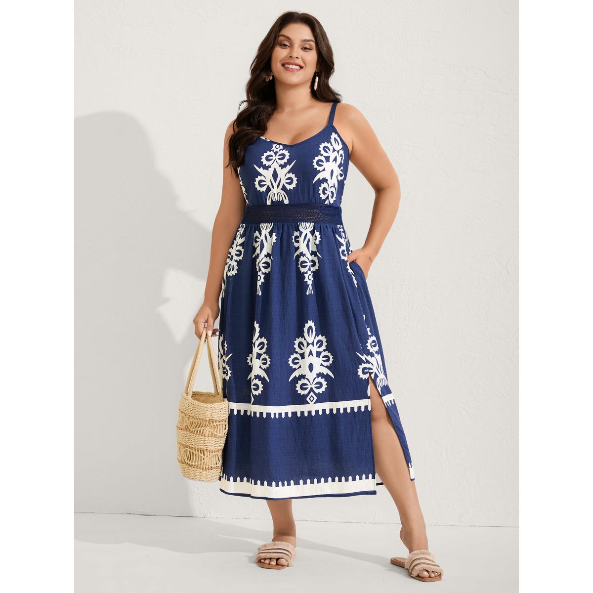 Plus Size Rayon Stretchy Waist Boho Slit Midi Dress Indigo Women Boho Non Sleeveless Curvy BloomChic 10/M Product Image