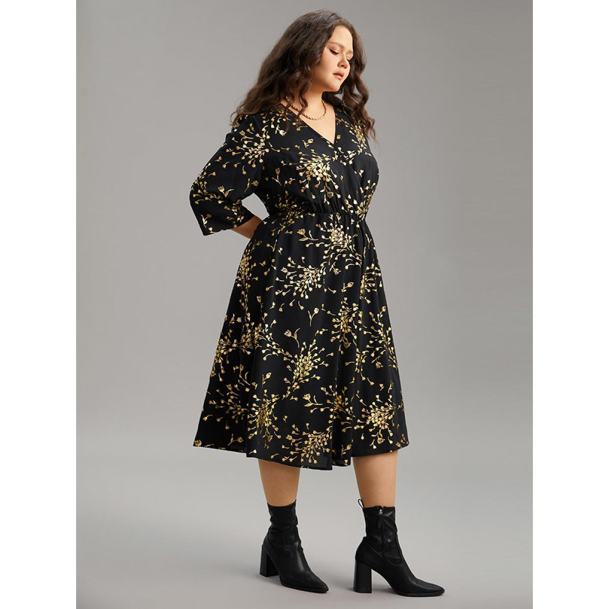 Plus Size Floral Glitter Pocket Gathered Detail Dress Black Women Elegant Wrap Overlap Collar Elbow-length sleeve Curvy Midi Dress BloomChic 14-16/1X Product Image