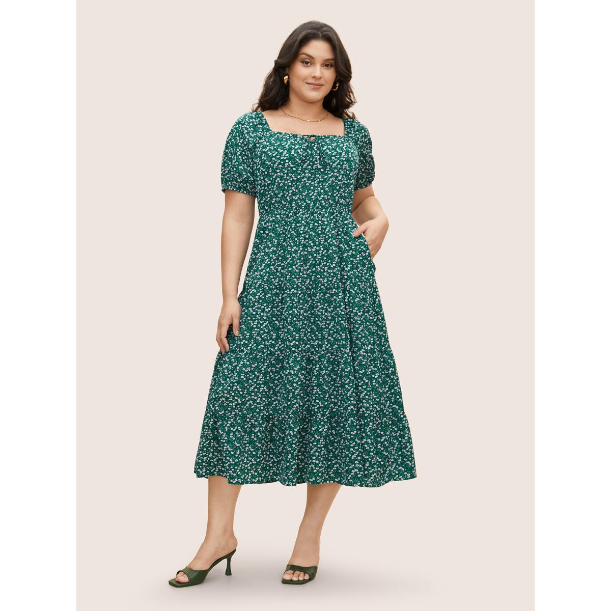 Plus Size Ditsy Floral Tie Knot Gathered Dress Teal Women Elegant Tie knot Square Neck Short sleeve Curvy BloomChic 26/4X Product Image