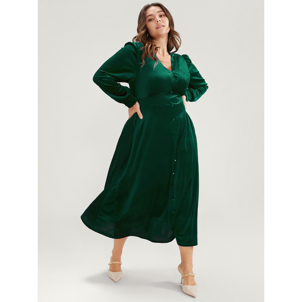 Plus Size Solid V Neck Button Detail Pocket Velvet Dress Green Women Glamour Button V-neck Long Sleeve Curvy Midi Dress BloomChic 10/M Product Image