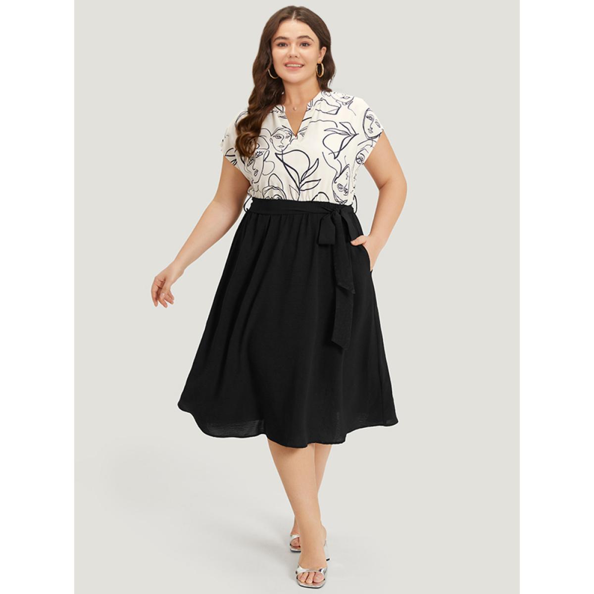 Plus Size Figure Graffiti Notched Patchwork Belted Dress Ivory Women Office Lined Notched collar Short sleeve Curvy Midi Dress BloomChic 12/L Product Image