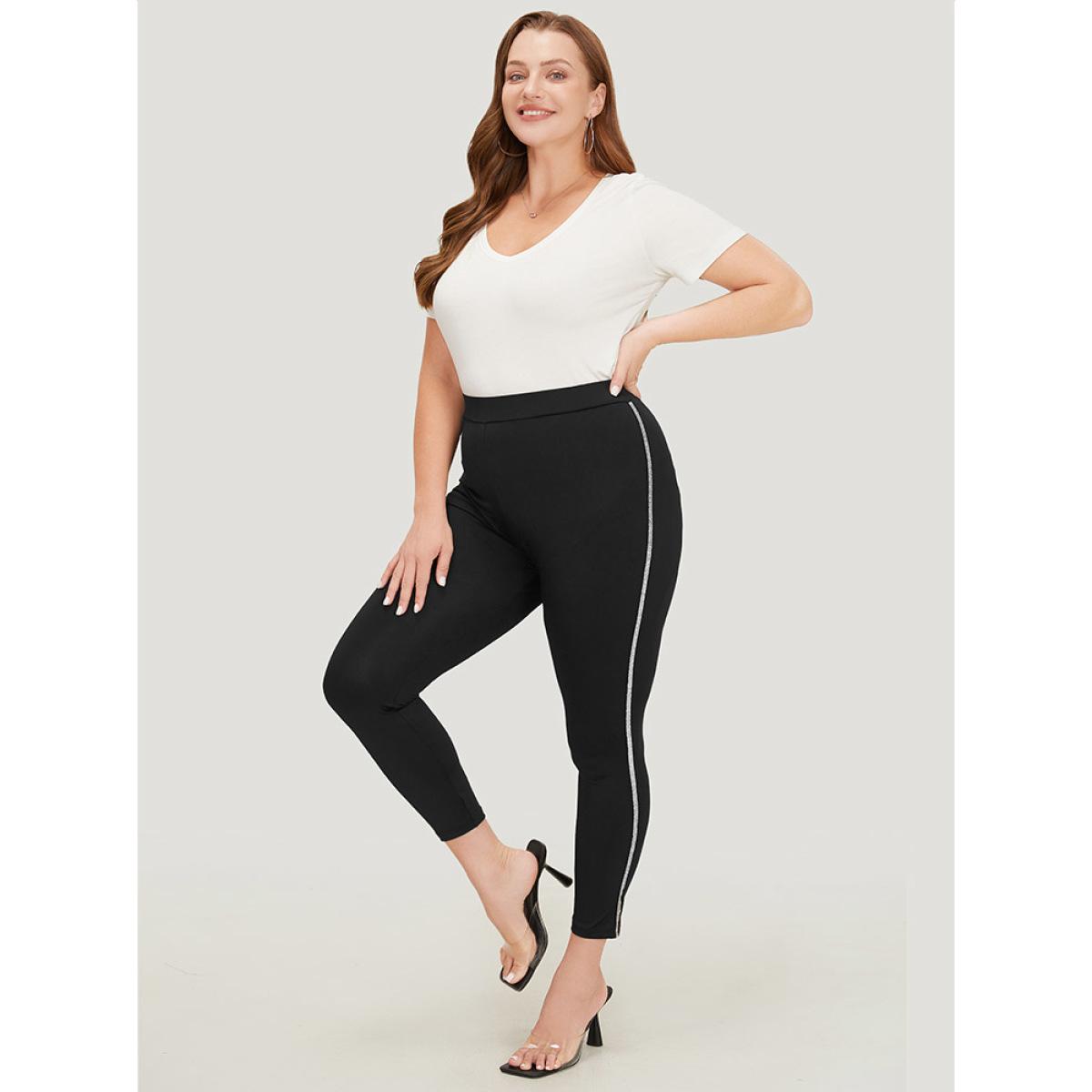 Plus Size Glitter Contrast Side Skinny Leggings Women Black Elegant High stretch Skinny High Rise Dailywear Leggings BloomChic 14-16/1X Product Image