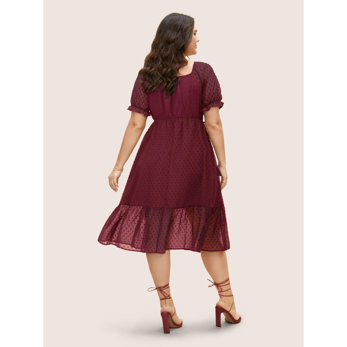 Plus Size Polka Dot Textured Mesh Shirred Drawstring Dress Burgundy Women Elegant Texture V-neck Short sleeve Curvy BloomChic 18-20/2X Product Image