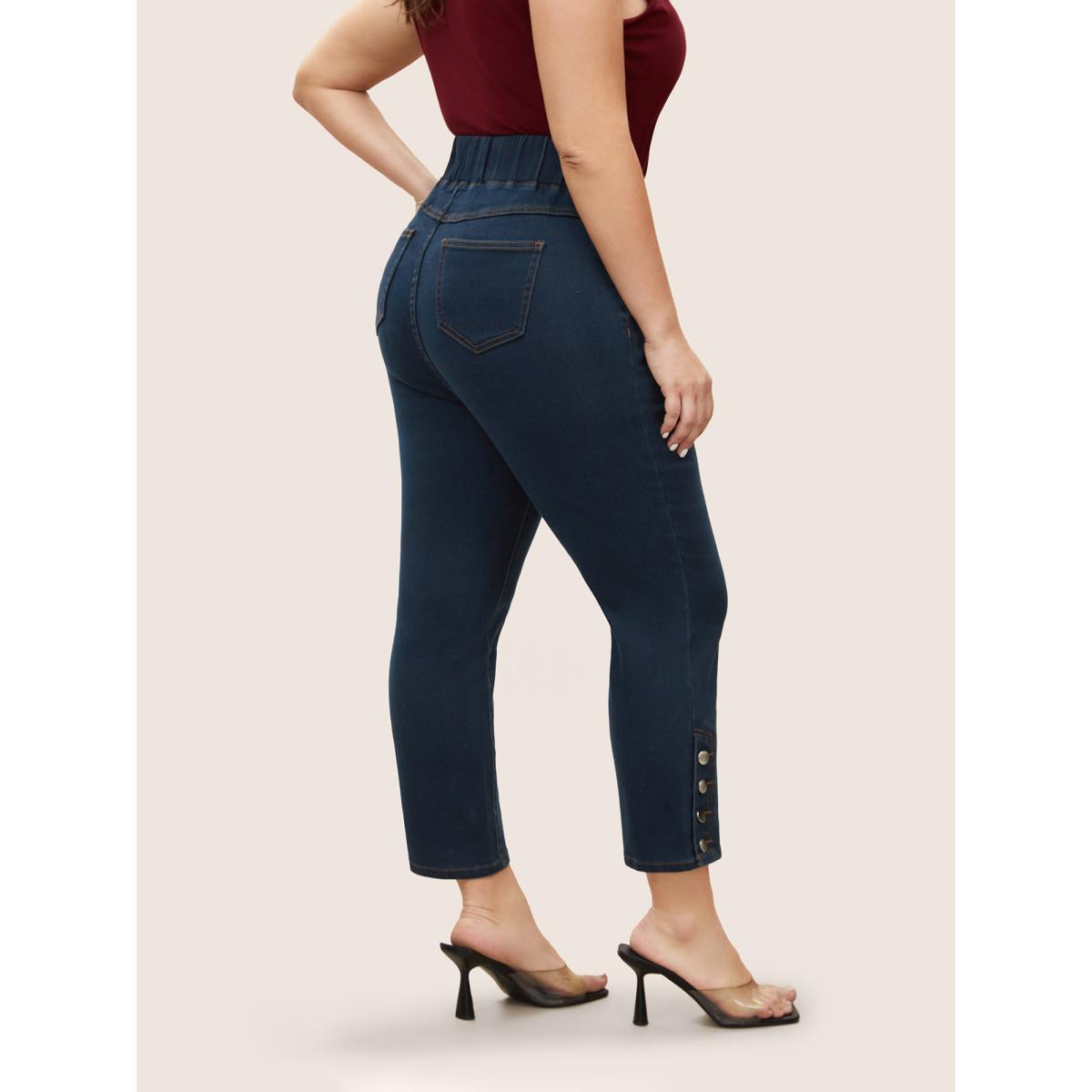 Plus Size Black Wash Button Detail Elastic Wais Slim Jeans Women Denimindigo Elegant Plain Non High stretch Pocket Jeans BloomChic 30/6X Product Image