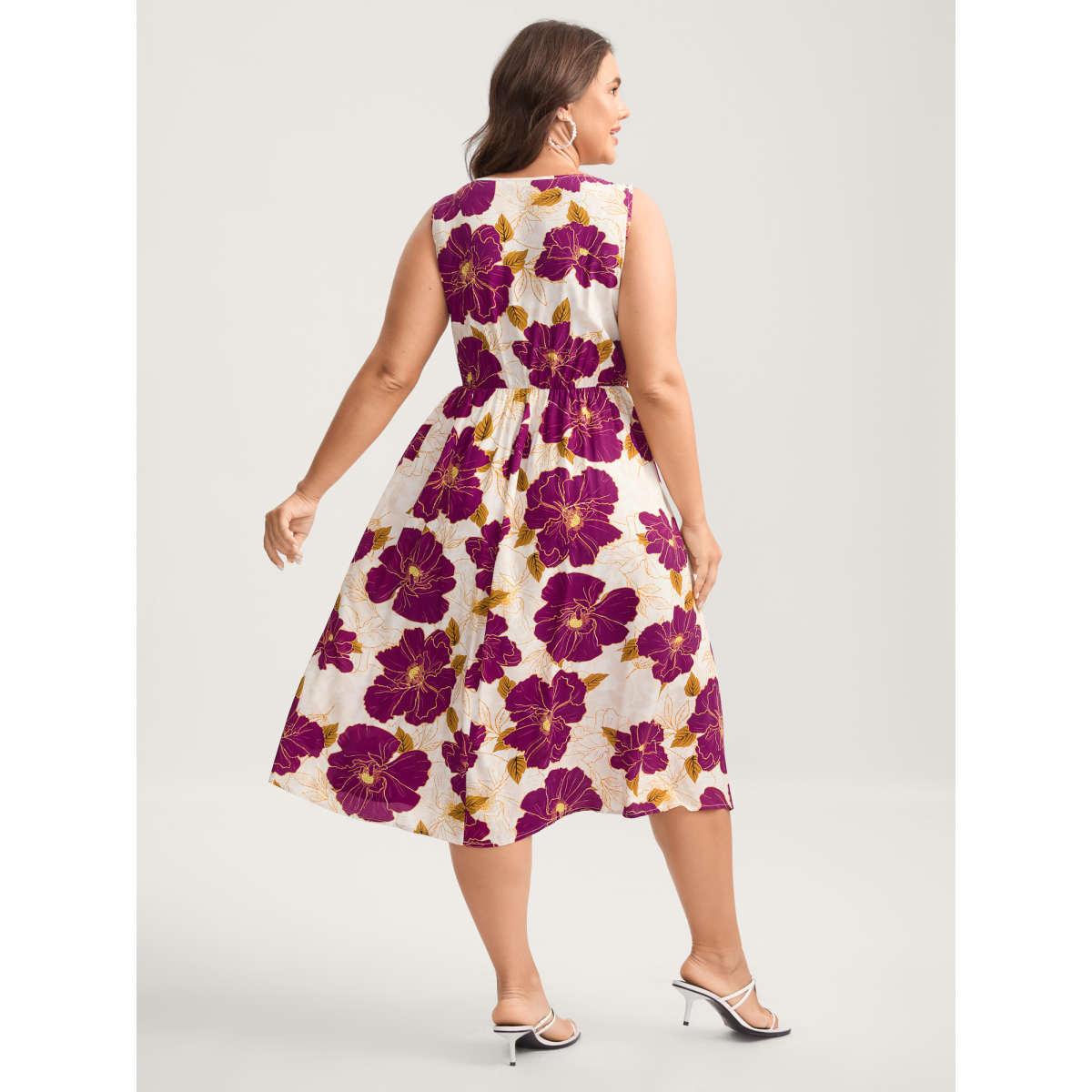 Plus Size Large Floral Print Pockets Midi Dress Peach Women Timeless Square Neck Sleeveless Curvy BloomChic 28/5X Product Image