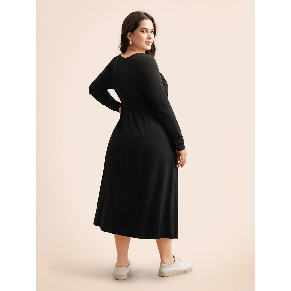 Plus Size Supersoft Essentials Boat Neck Gathered Dress Pureblack Women Casual Gathered Boat Neck Long Sleeve Curvy BloomChic 12/L Product Image