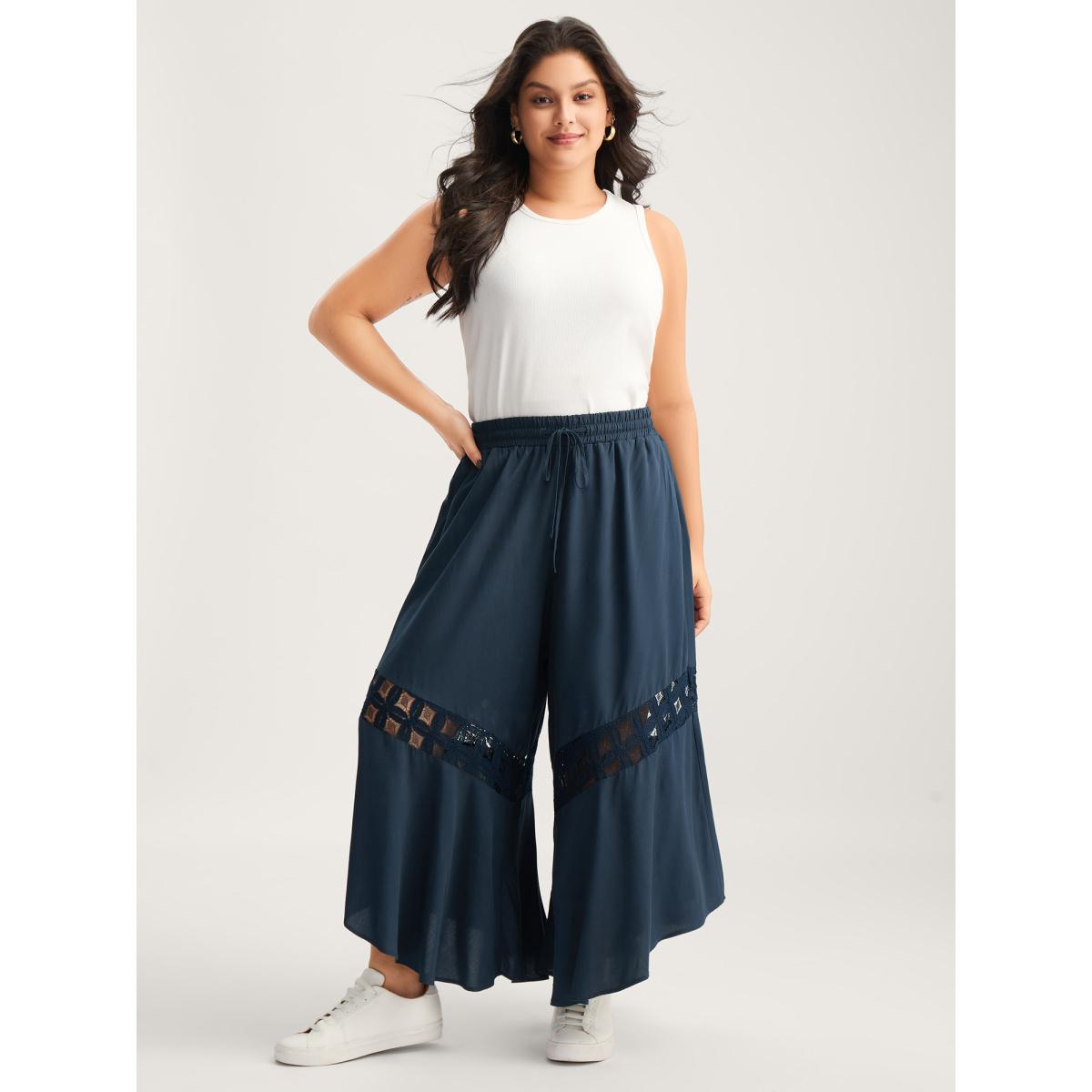 Plus Size Sheer Lace Trim Flared Drawstring Pants Women Indigo Casual Wide Leg Mid Rise Casual Pants BloomChic 28/5X Product Image
