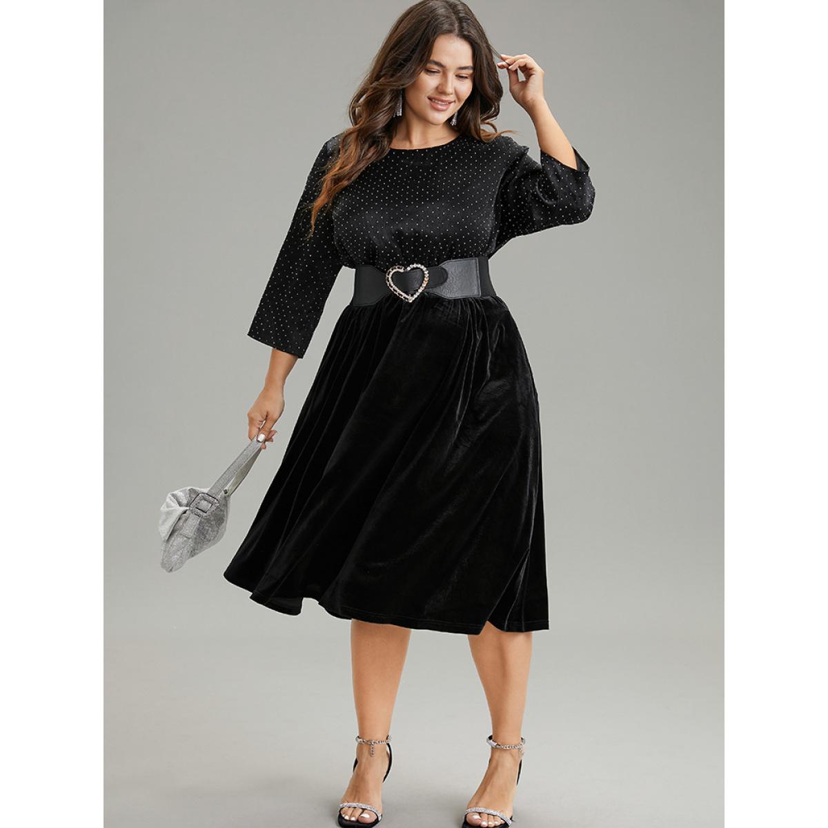 Plus Size Rhinestone Patchwork Velvet Elastic Waist Dress Black Women Glamour Velvet Round Neck Elbow-length sleeve Curvy Midi Dress BloomChic 28/5X Product Image