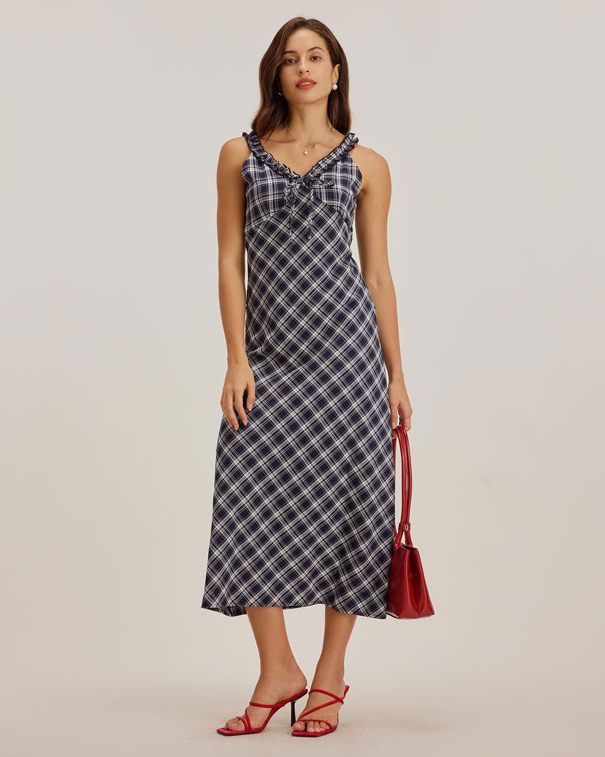 Blue Plaid V Neck Slip Maxi Dress Product Image