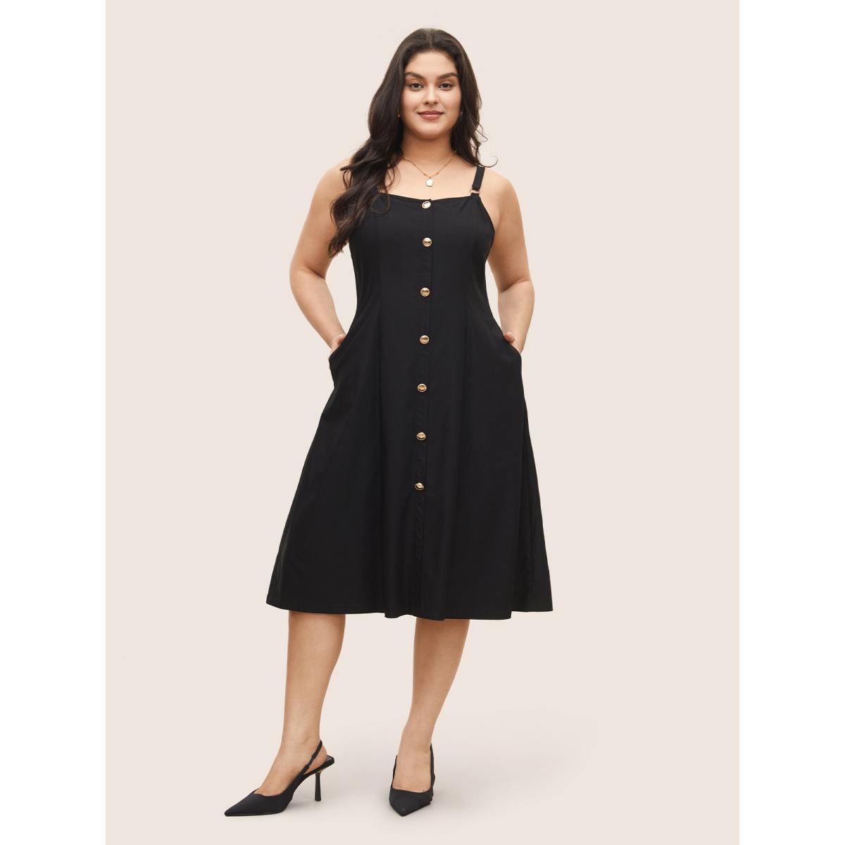 Plus Size Plain Adjustable Straps Metal Detail Pocket Dress Black Women At the Office Non Non Sleeveless Curvy Midi Dress BloomChic 28/5X Product Image