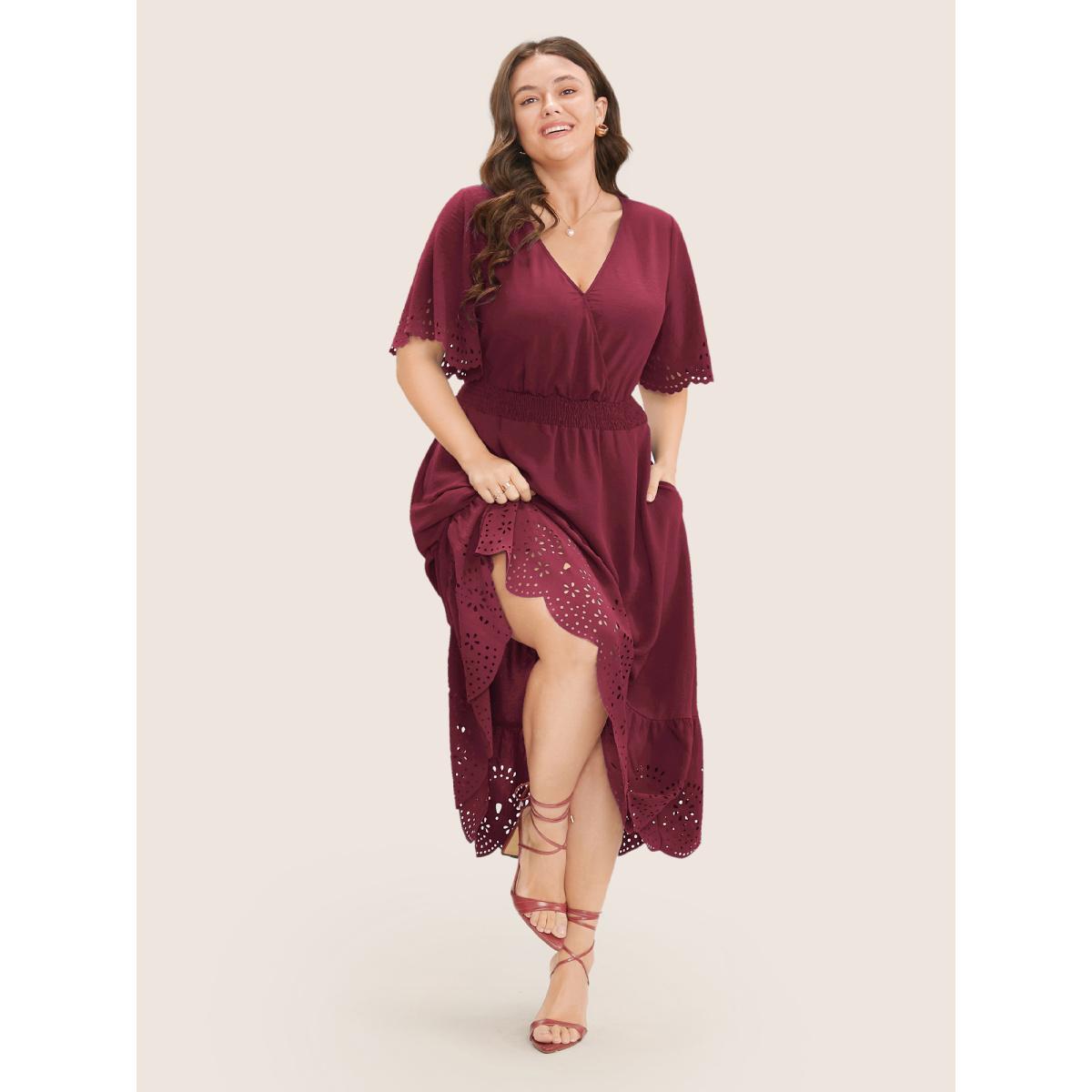 Plus Size Solid Laser Cut Shirred Pocket Wrap Scalloped Trim Flutter Dress Burgundy Women Elegant Non V-neck Short sleeve Curvy Midi Dress BloomChic 28/5X Product Image
