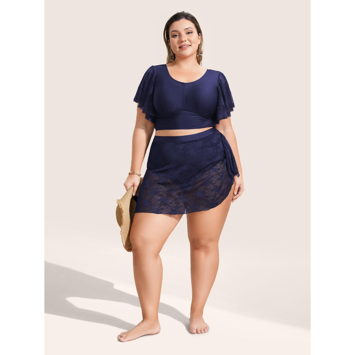 Plus Size Crochet Lace Mesh Tie Knot Swim Bottom Women's Swimwear Black Beach Texture High stretch Bodycon High Rise Curve Swim Bottoms BloomChic 12/L Product Image