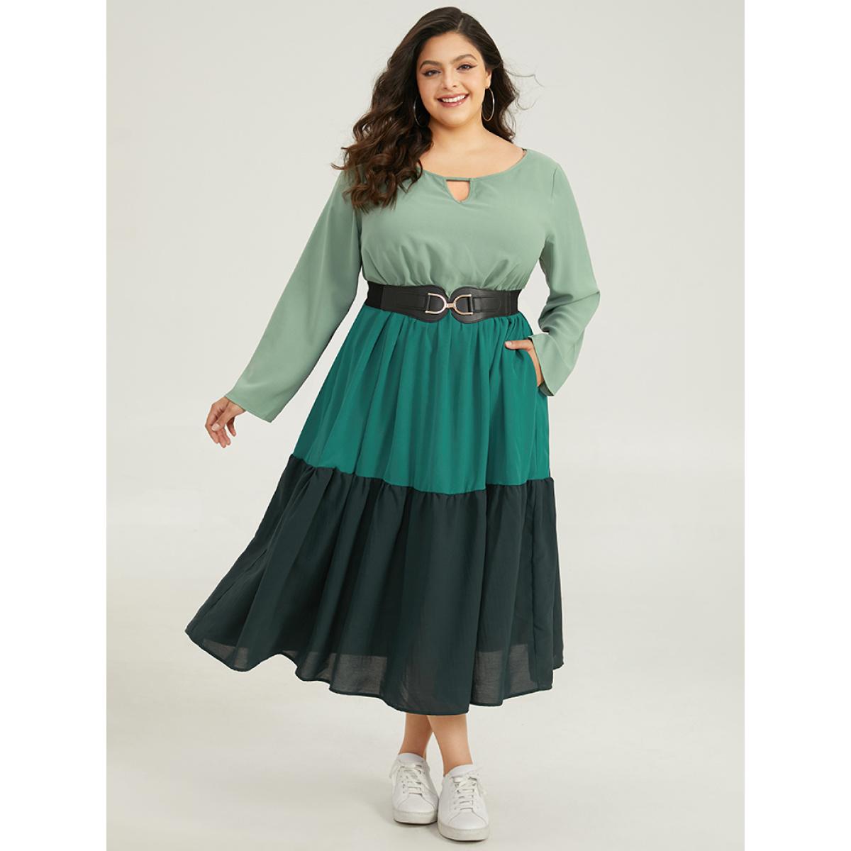 Plus Size Colorblock Contrast Keyhole Layered Hem Dress Mint Women Casual Plain Keyhole Cut-Out Long Sleeve Curvy Midi Dress BloomChic 30/6X Product Image
