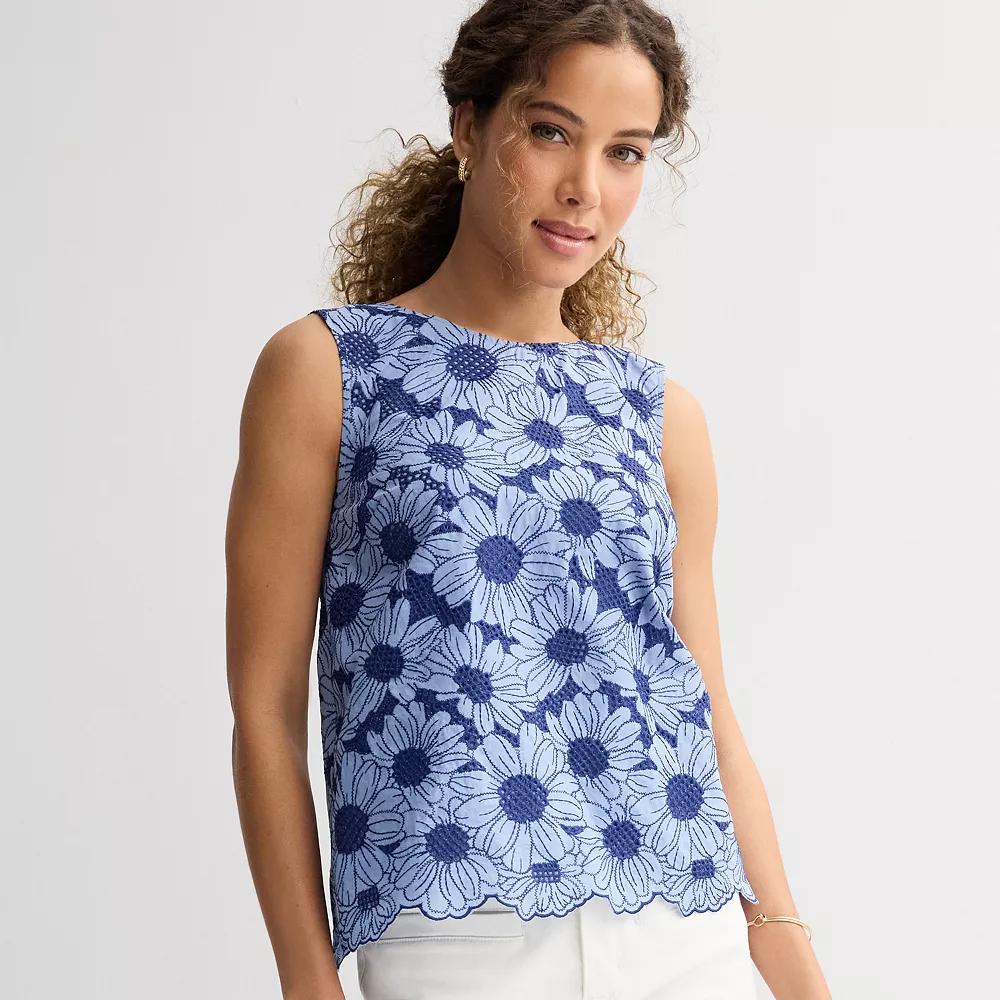 Womens Draper James Embroidered Eyelet Floral Sleeveless Top Blue Floral Product Image