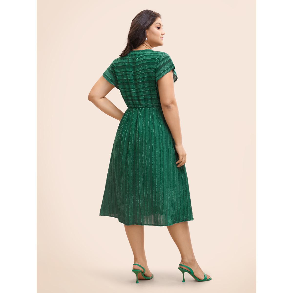 Plus Size Overlap Collar Plain Textured Midi Dress DarkGreen Women Elegant Texture Overlap Collar Cap Sleeve Curvy BloomChic 30/6X Product Image