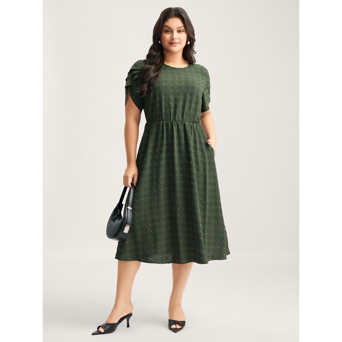 Plus Size Ruffled Textured Layered Sleeve Midi Dress ArmyGreen Women Round Neck Short sleeve Curvy BloomChic 26/4X Product Image