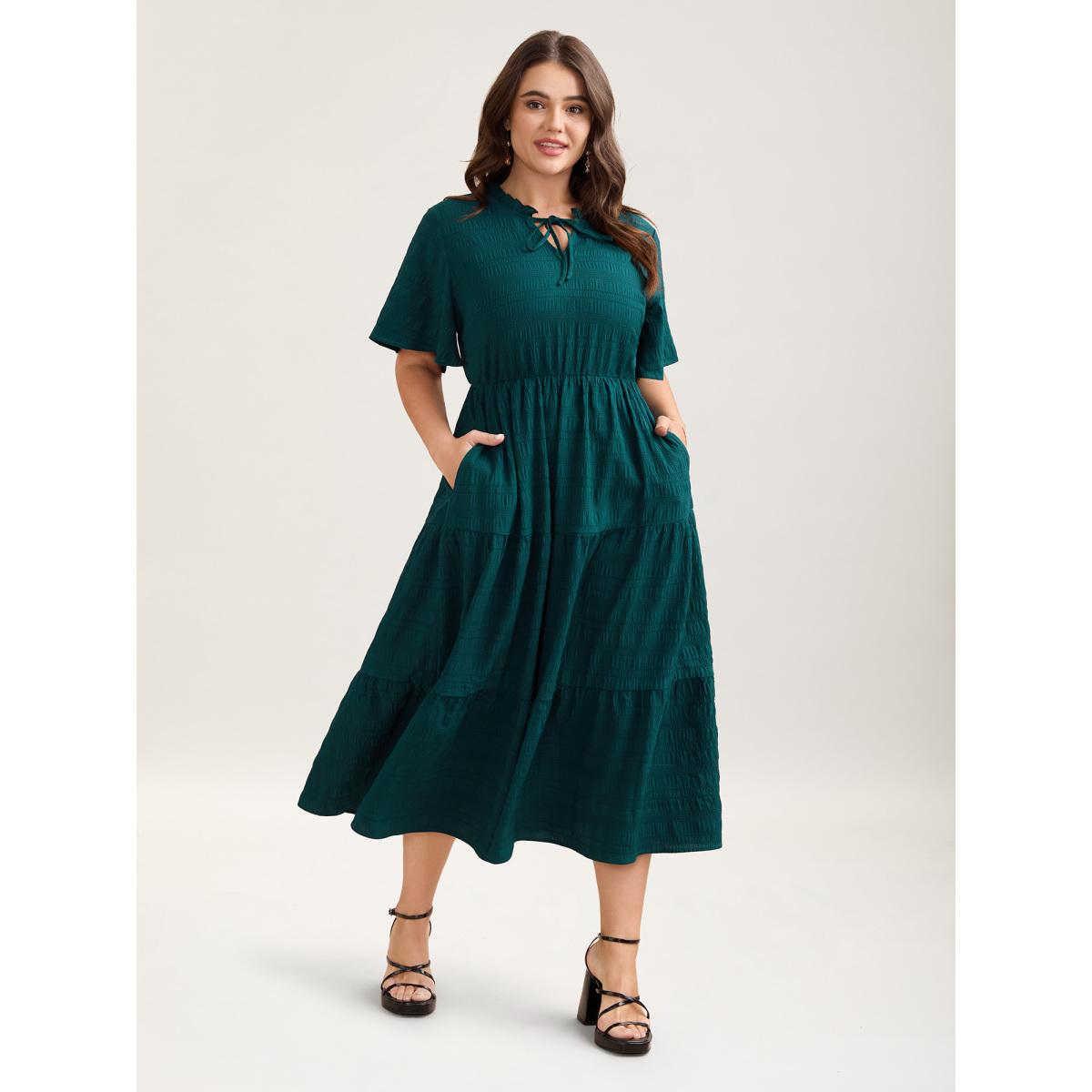 Plus Size Stretchy Waist Frill Trim Pockets Midi Dress Teal Women Timeless Tie knot Flat collar with V-notch Short sleeve Curvy BloomChic 18-20/2X Product Image