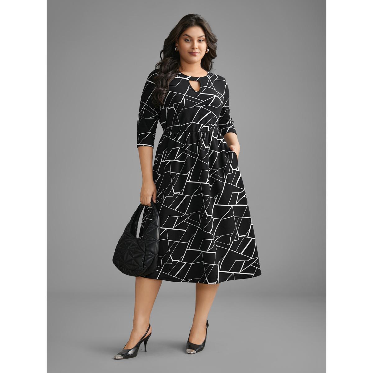 Plus Size Geometric Keyhole Elastic Waist Midi Dress Black Women At the Office Distressed Round Neck Elbow-length sleeve Curvy BloomChic 26/4X Product Image