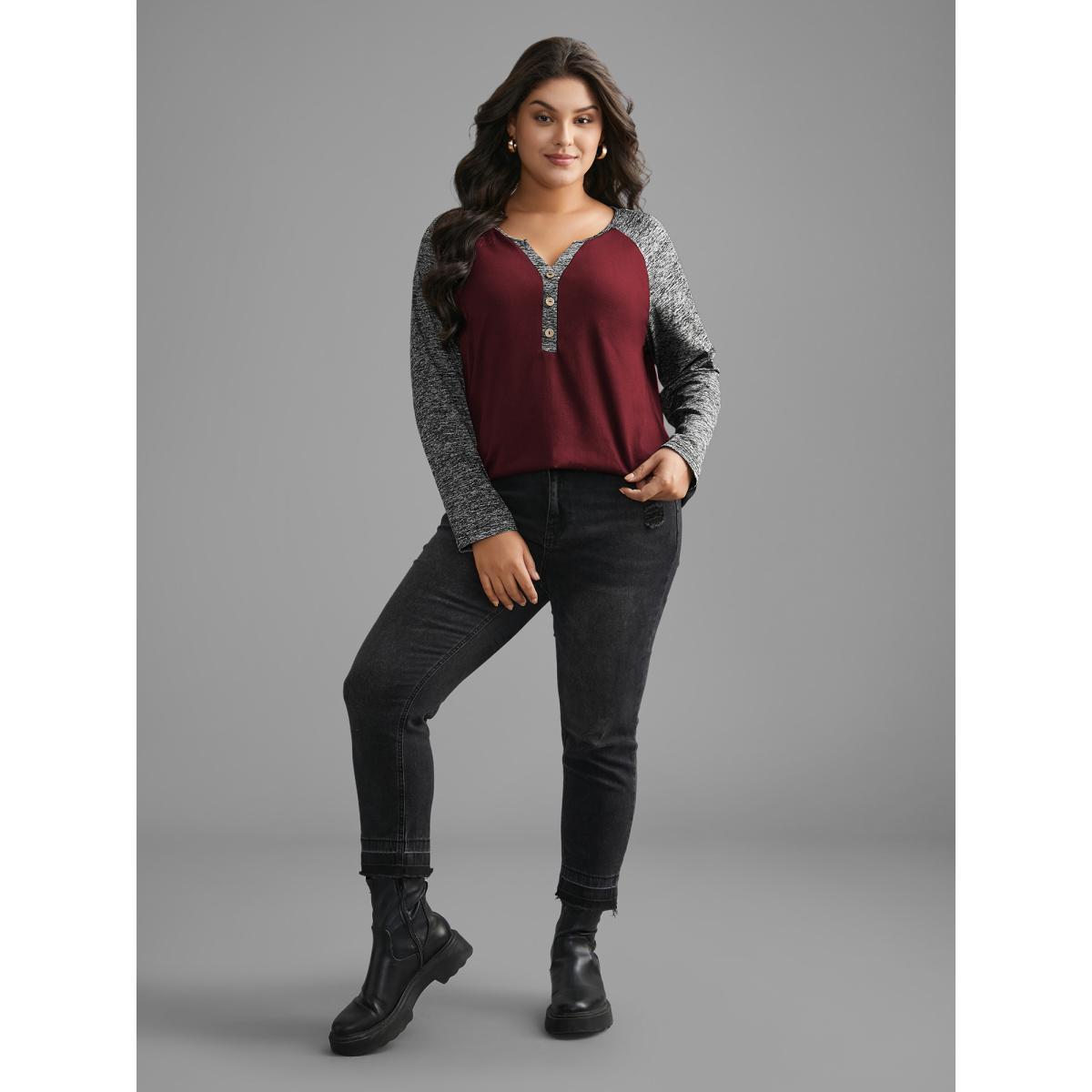 Plus Size Heather Patchwork Button Detail Stretchy T-Shirt Burgundy Women Leisure Contrast Flat collar with V-notch Casual T-shirts BloomChic 18-20/2X Product Image