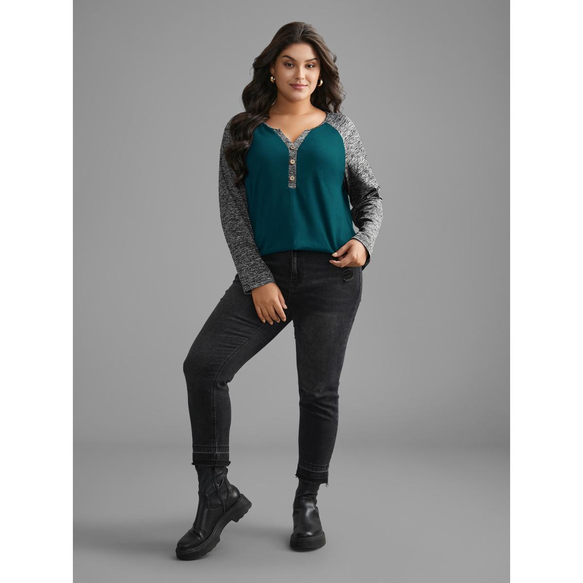 Plus Size Heather Patchwork Button Detail Stretchy T-Shirt Cyan Women Casual Contrast Flat collar with V-notch Everyday T-shirts BloomChic 18-20/2X Product Image