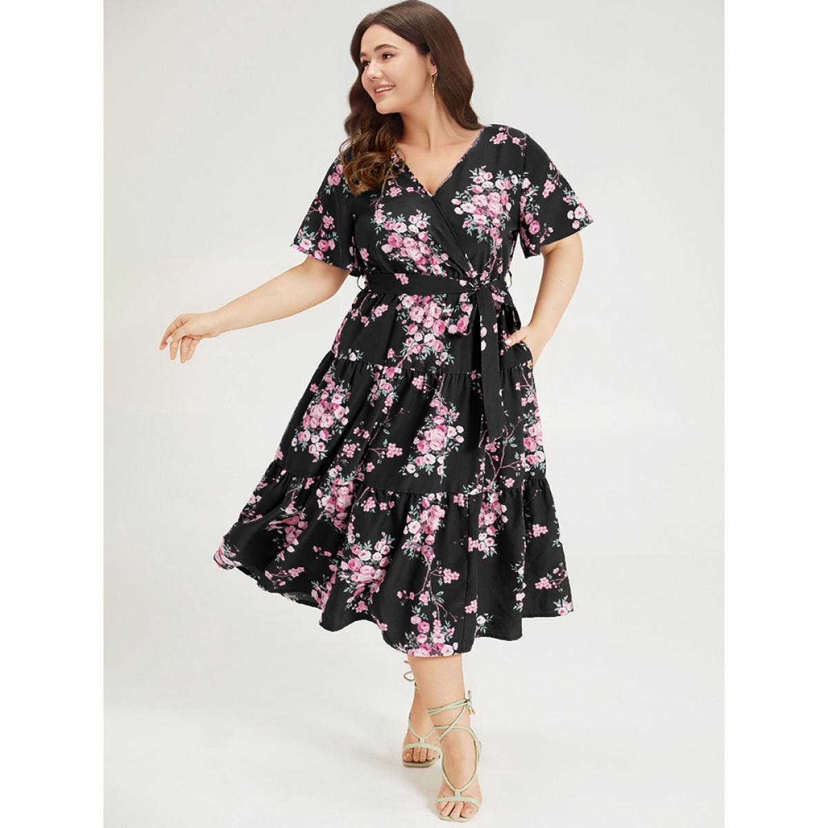 Plus Size Floral Print Wrap Belted Pocket Ruffle Hem Dress Black Women Elegant Lined V-neck Short sleeve Curvy Midi Dress BloomChic 12/L Product Image