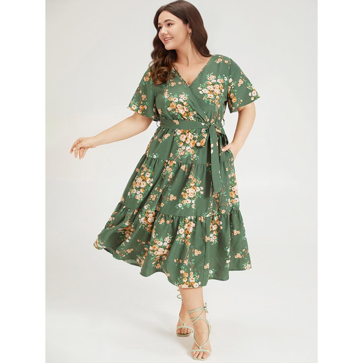 Plus Size Floral Print Wrap Belted Pocket Ruffle Hem Dress Green Women Elegant Lined V-neck Short sleeve Curvy Midi Dress BloomChic 18-20/2X Product Image