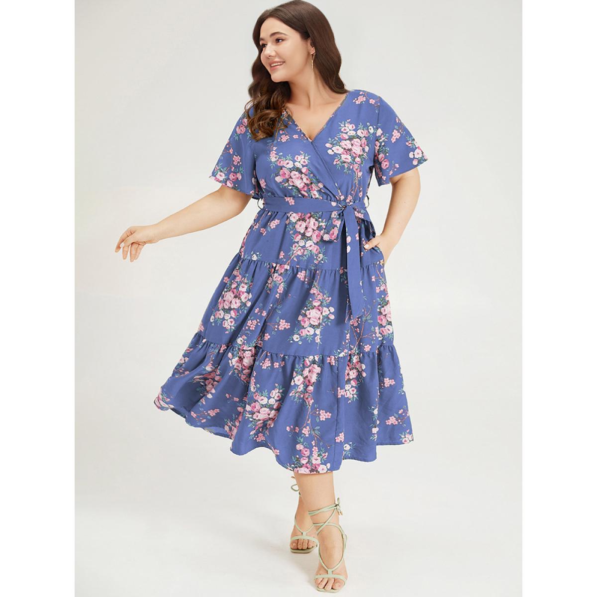 Plus Size Floral Print Wrap Belted Pocket Ruffle Hem Dress Blue Women Elegant Lined V-neck Short sleeve Curvy Midi Dress BloomChic 28/5X Product Image