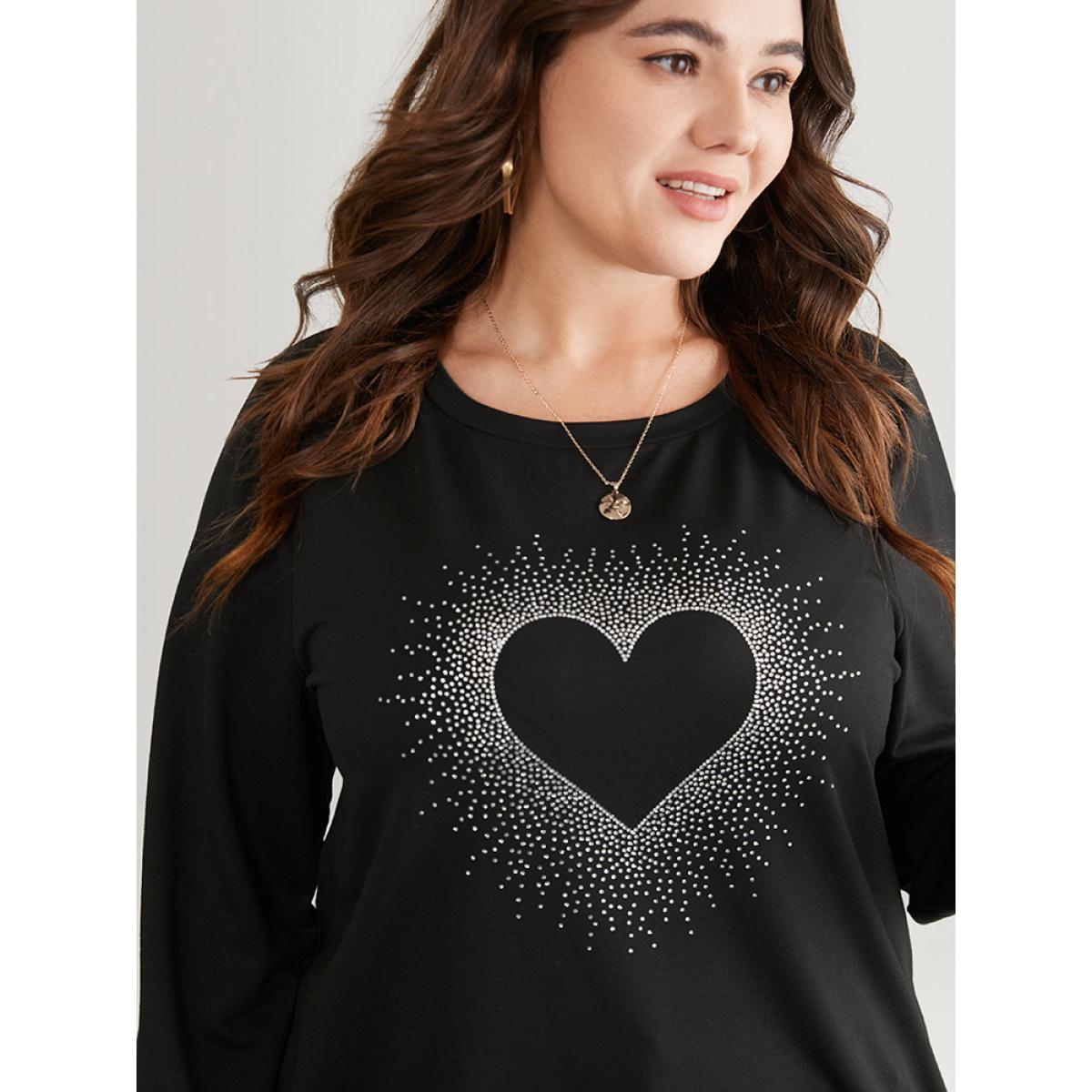 Plus Size Heart Rhinestone Round Neck Sweatshirt Women Black Casual Rhinestone detailing Dailywear Sweatshirts BloomChic 30/6X Product Image