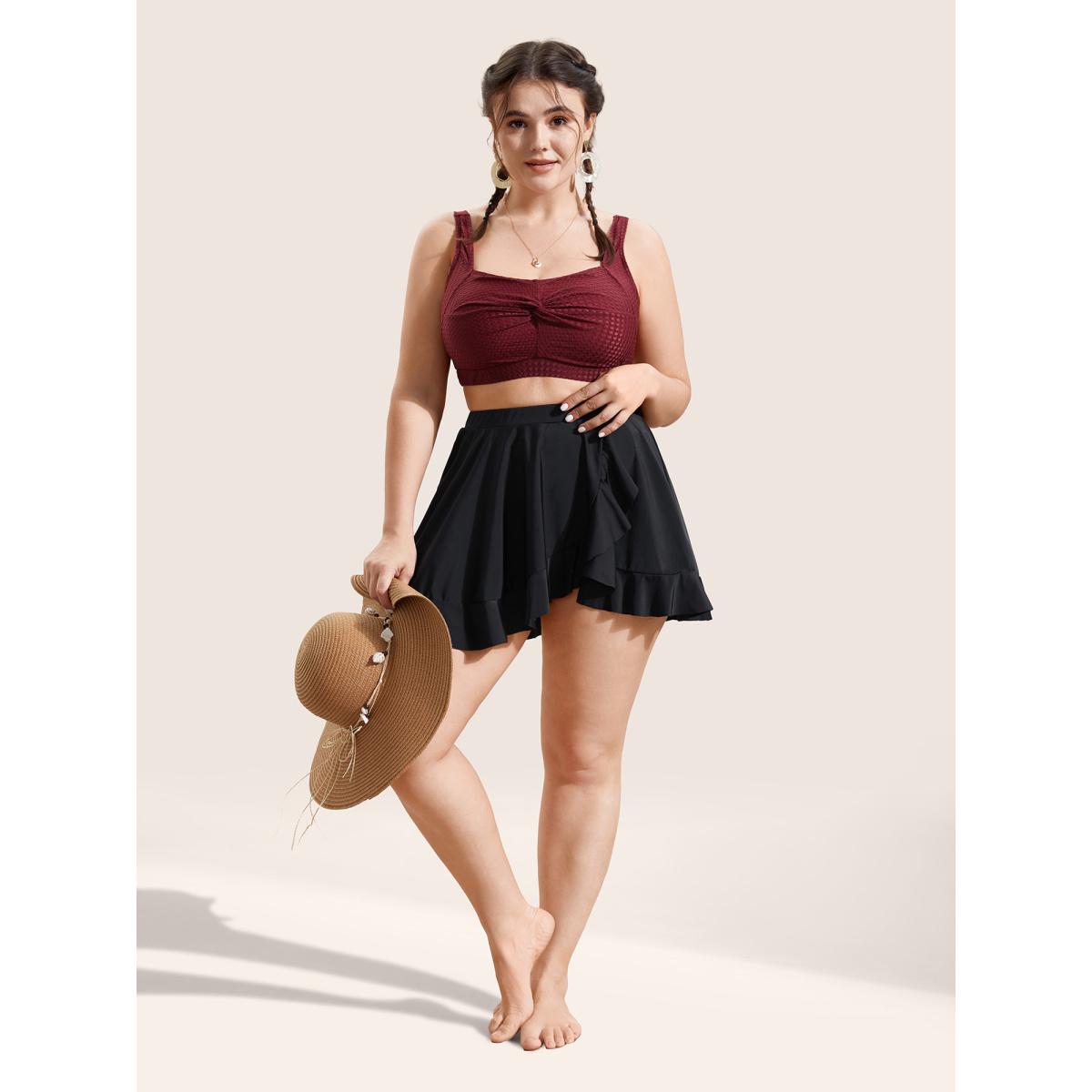 Plus Size Solid Ruffle Trim Elastic Waist Swim Bottom Women's Swimwear Black Beach Gathered High stretch Bodycon High Rise Curve Swim Bottoms BloomChic 12/L Product Image