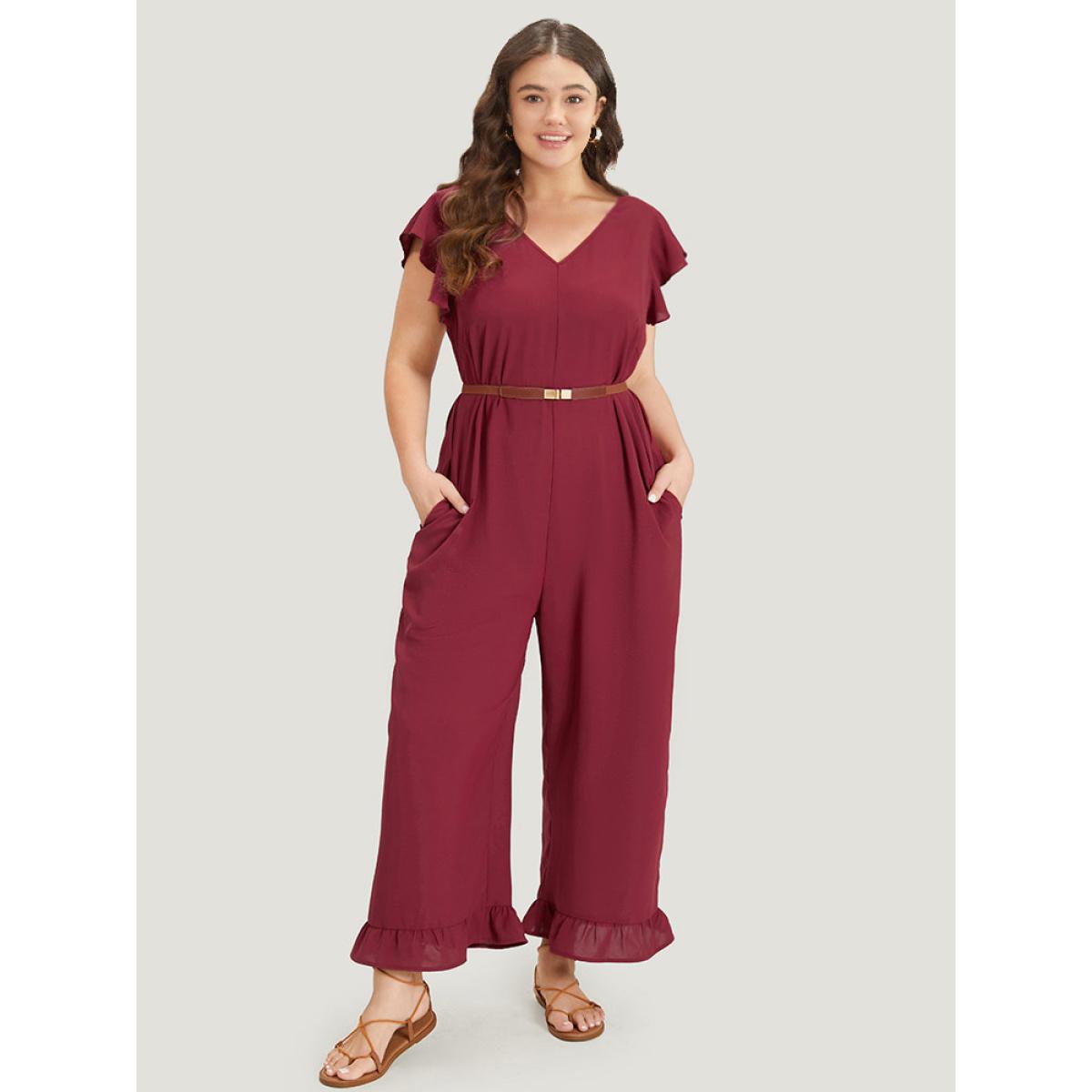 Plus Size Burgundy Plain Ruffle Cap Sleeve V Neck Zipper Jumpsuit Women Casual Cap Sleeve V-neck Dailywear Loose Jumpsuits BloomChic 18-20/2X Product Image