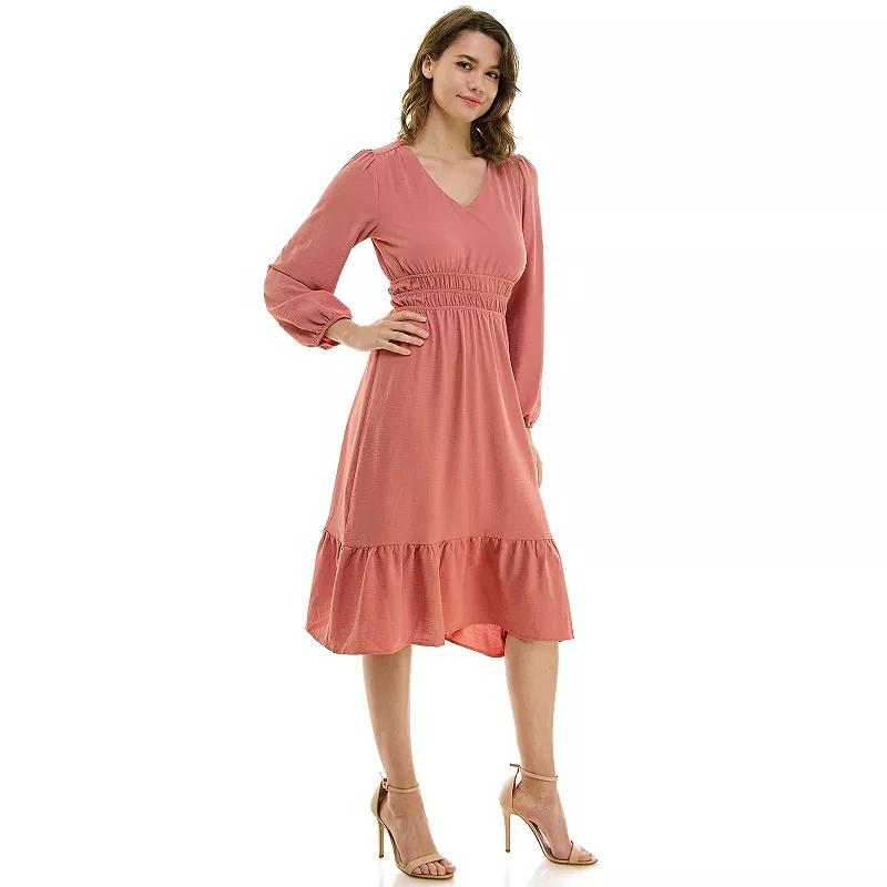 Women's Luxology Smocked Waist V Neck Midi Dress,  Product Image