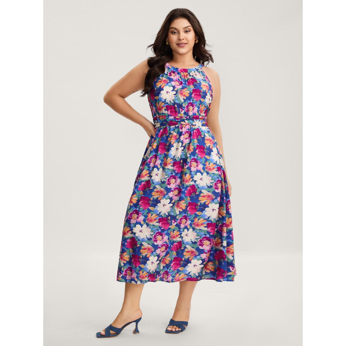 Plus Size Color Block Floral Shirred Waist Midi Dress Multicolor Women Round Neck Sleeveless Curvy BloomChic 10/M Product Image
