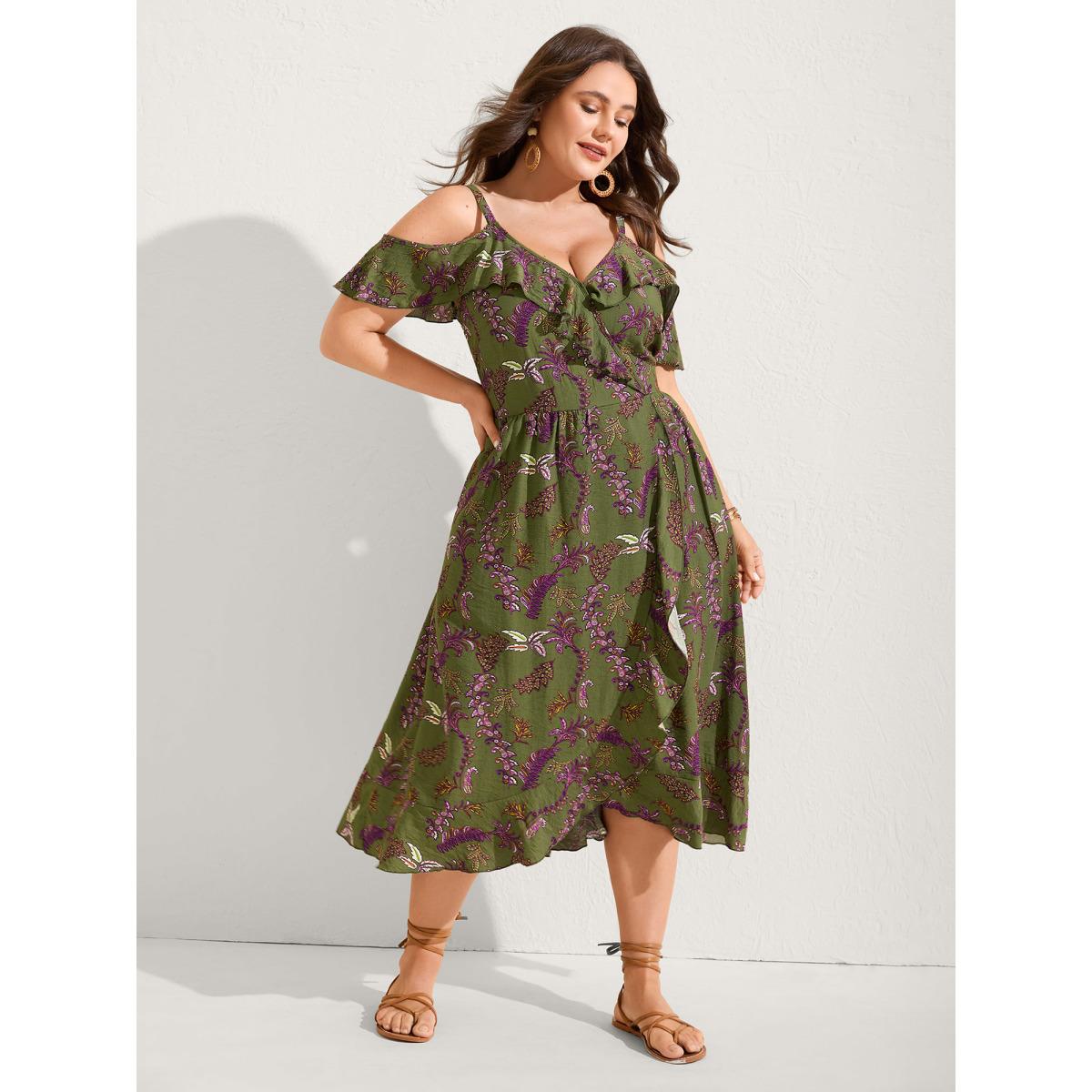 Plus Size Boho Floral Ruffled Off-Shoulder Midi Dress Moss Women One-shoulder neck Short sleeve Curvy BloomChic 10/M Product Image