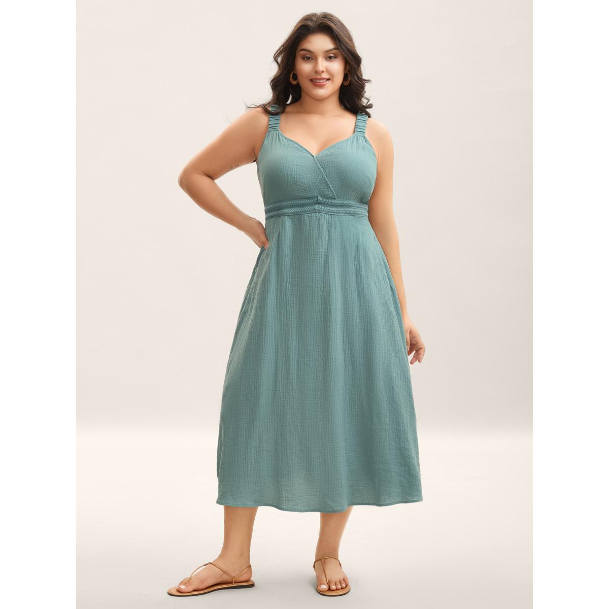 Plus Size Cotton Textured Cinched-Waist A-Line Midi Dress Teal Women Boho V-neck Sleeveless Curvy BloomChic 10/M Product Image