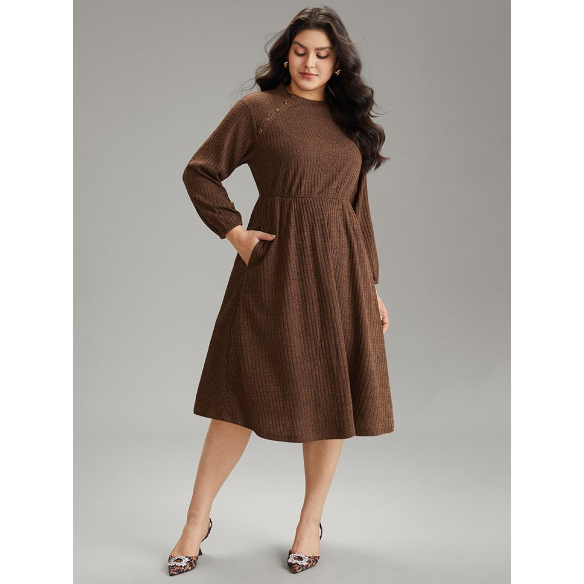 Plus Size Rib Knit Mock Neck Button Detail Lantern Sleeve Dress DarkBrown Women Office Elastic cuffs Mock Neck Long Sleeve Curvy Midi Dress BloomChic 10/M Product Image