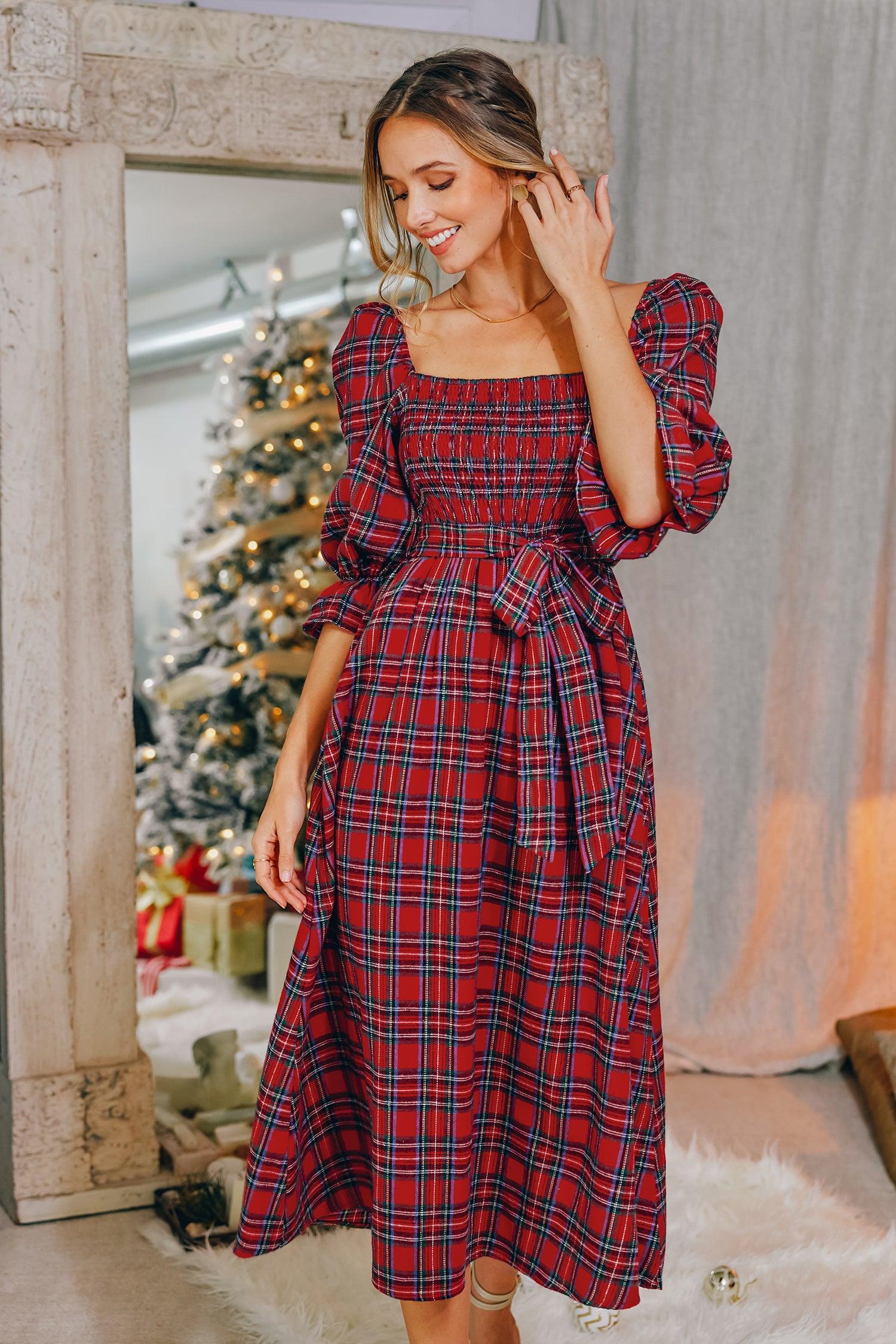 Abigai Belted Tartan Plaid Maxi Dress Product Image
