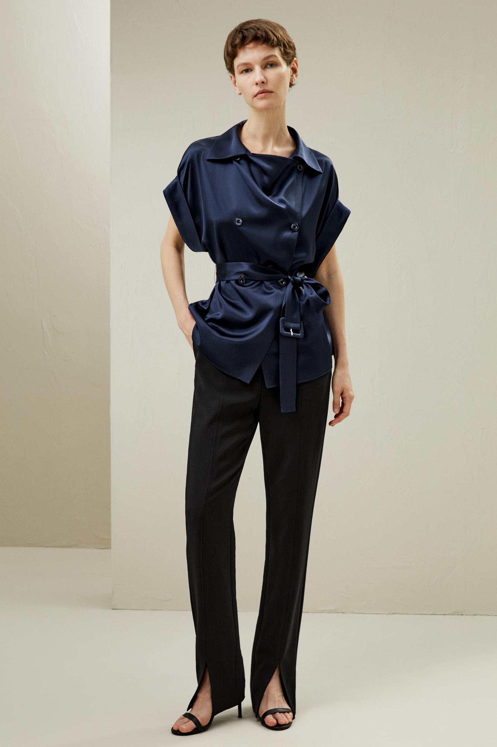 LILYSILK Silk Trench Jacket for Women Navy Blue Natural Silk Luxurious Roll-Up Trench Coat L Product Image