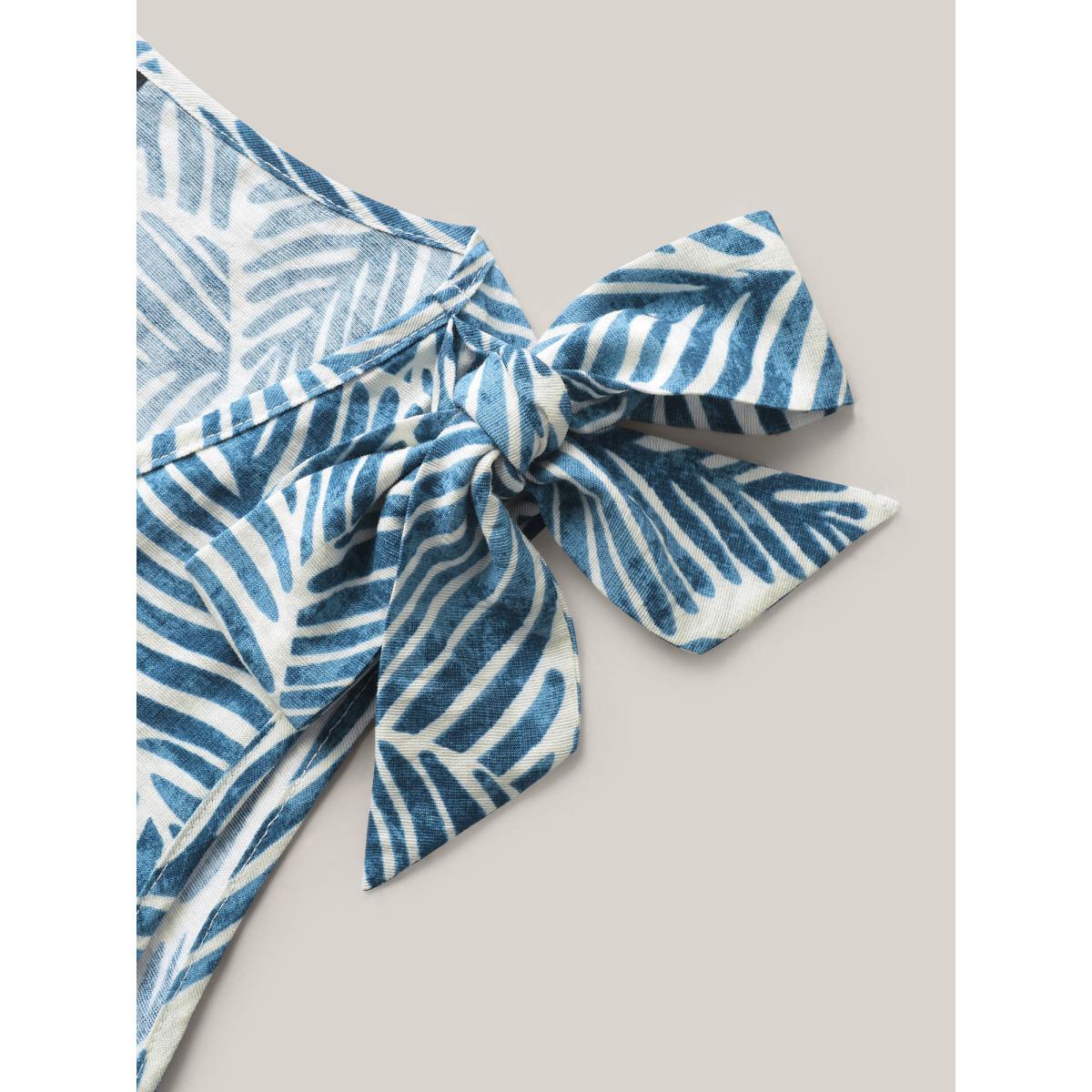 Plus Size Bow Shoulder Leaf Print Button Tank Top Women Mediumblue Resort Tie knot V-neck Vacation Tank Tops Camis BloomChic 10/M Product Image