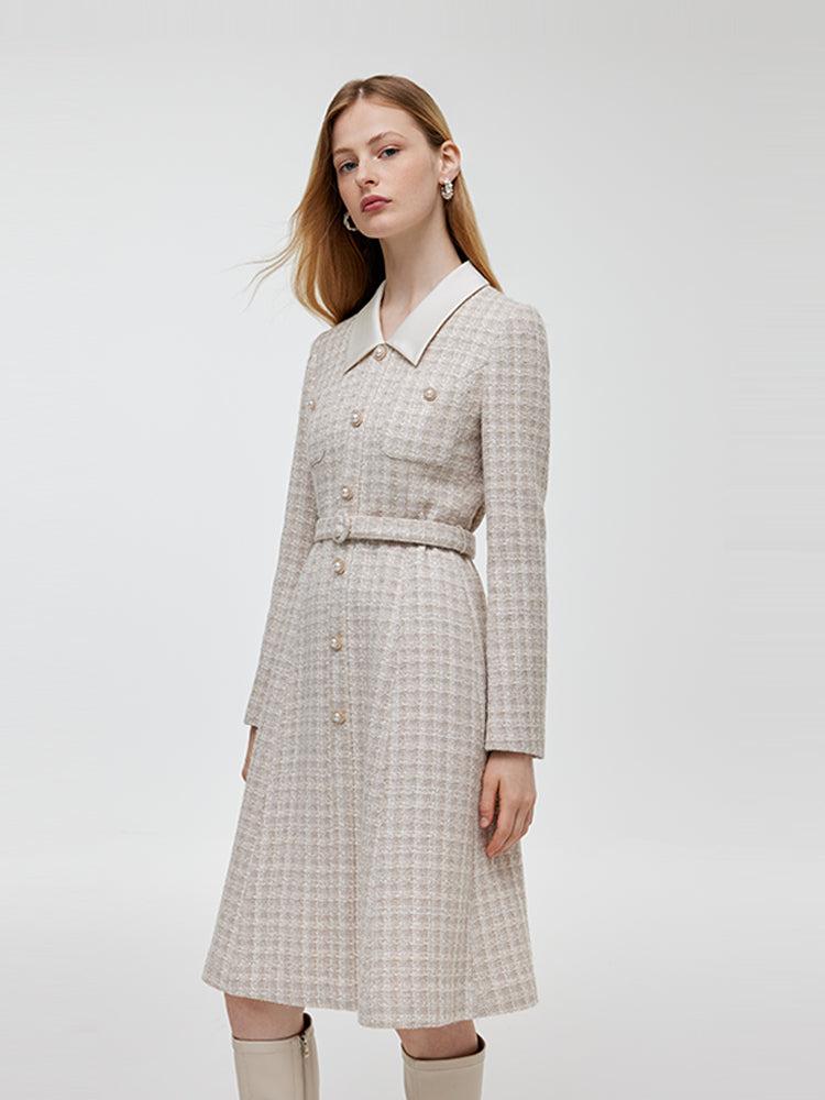 Wool Blend Tweed Patchwork Lapel Women Midi Dress With Belt Product Image