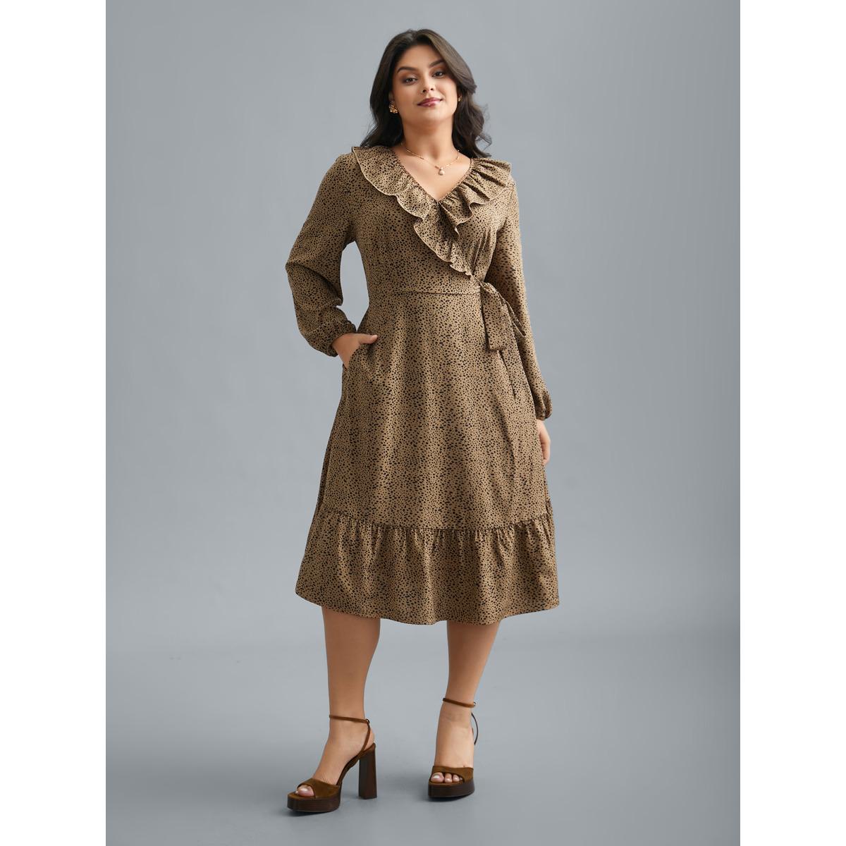 Plus Size Ruffled Neck Stretchy Waist Tiered Midi Dress Tan Women Elegant Tie knot Overlap Collar Long Sleeve Curvy BloomChic 22-24/3X Product Image