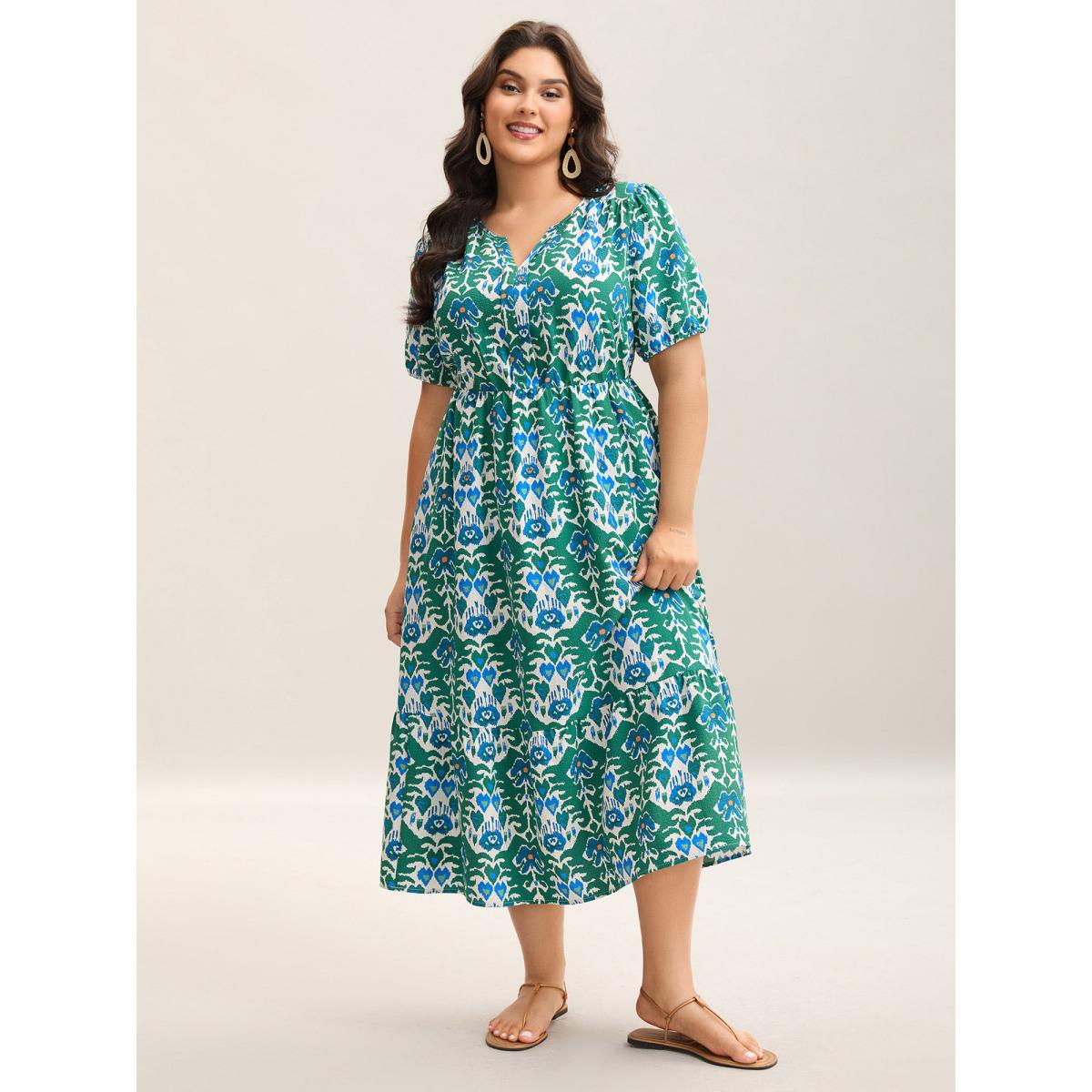 Plus Size Boho Pattern Stretchy Waist Pockets Midi Dress Teal Women Boho Flat collar with V-notch Short sleeve Curvy BloomChic 10/M Product Image