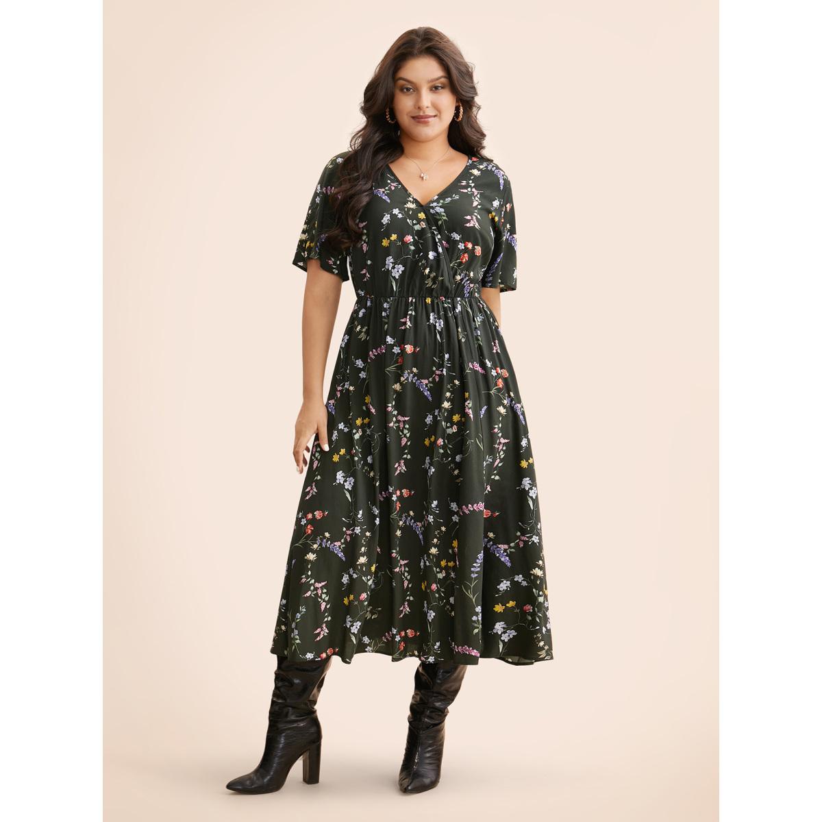 Plus Size Floral Wrap Ruffle Sleeve Dress DarkGreen Women Elegant Slit Overlap Collar Short sleeve Curvy BloomChic 12/L Product Image