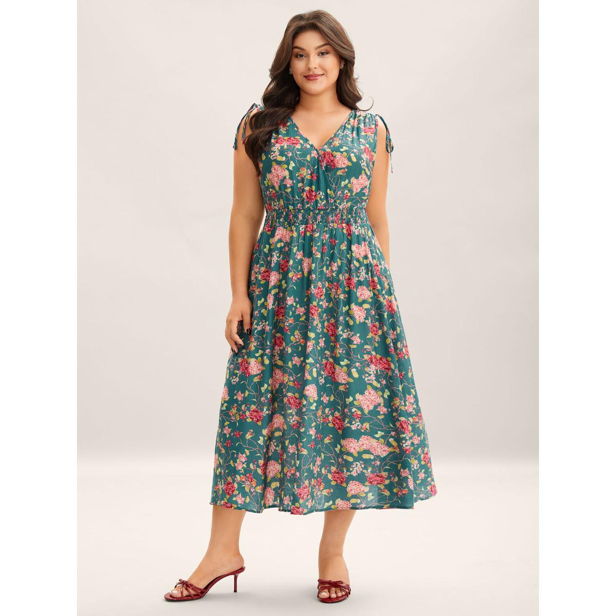 Plus Size Floral Print Shoulder Tie Pockets Midi Dress Cerulean Women Timeless Overlap Collar Sleeveless Curvy BloomChic 12/L Product Image