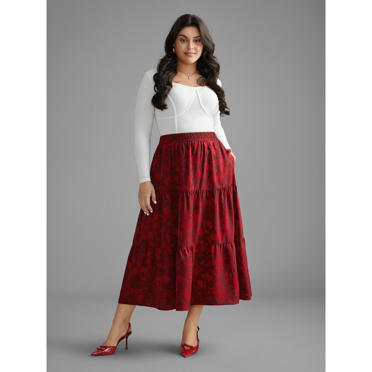 Plus Size Silhouette Floral Print Ruffle Layered Hem Skirt Women Deepred Elegant Loose Low stretch Side seam pocket Everyday Skirts BloomChic 18-20/2X Product Image