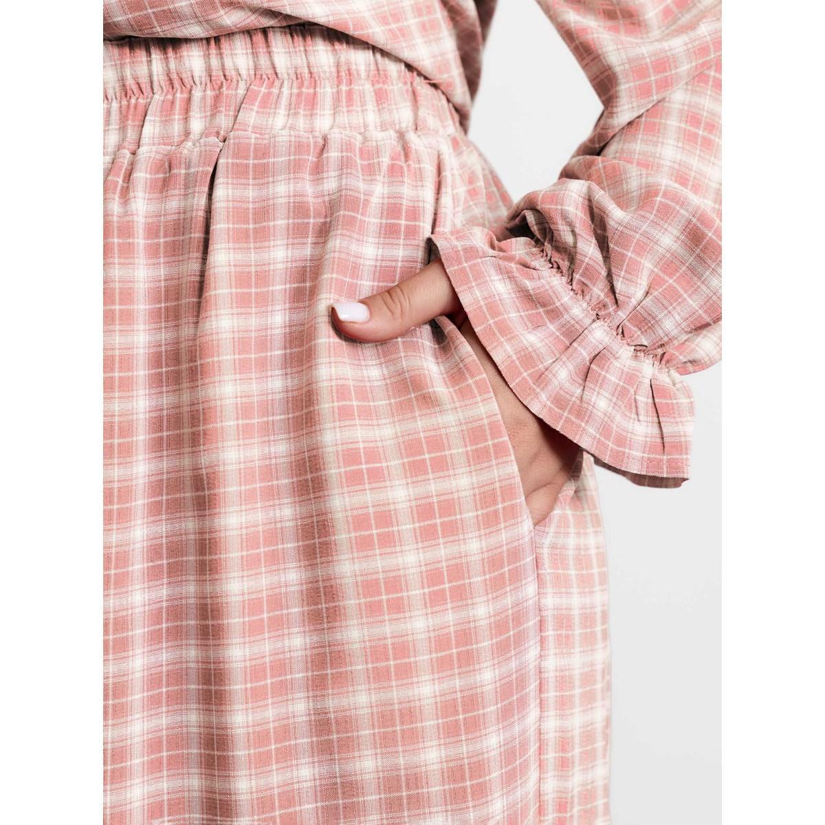 Plus Size Gingham Ruffled Hem Loungewear Set Women Rouge Button Extra Long Sleeve Round Neck Leisure Loungewear Sets BloomChic 26/4X Product Image
