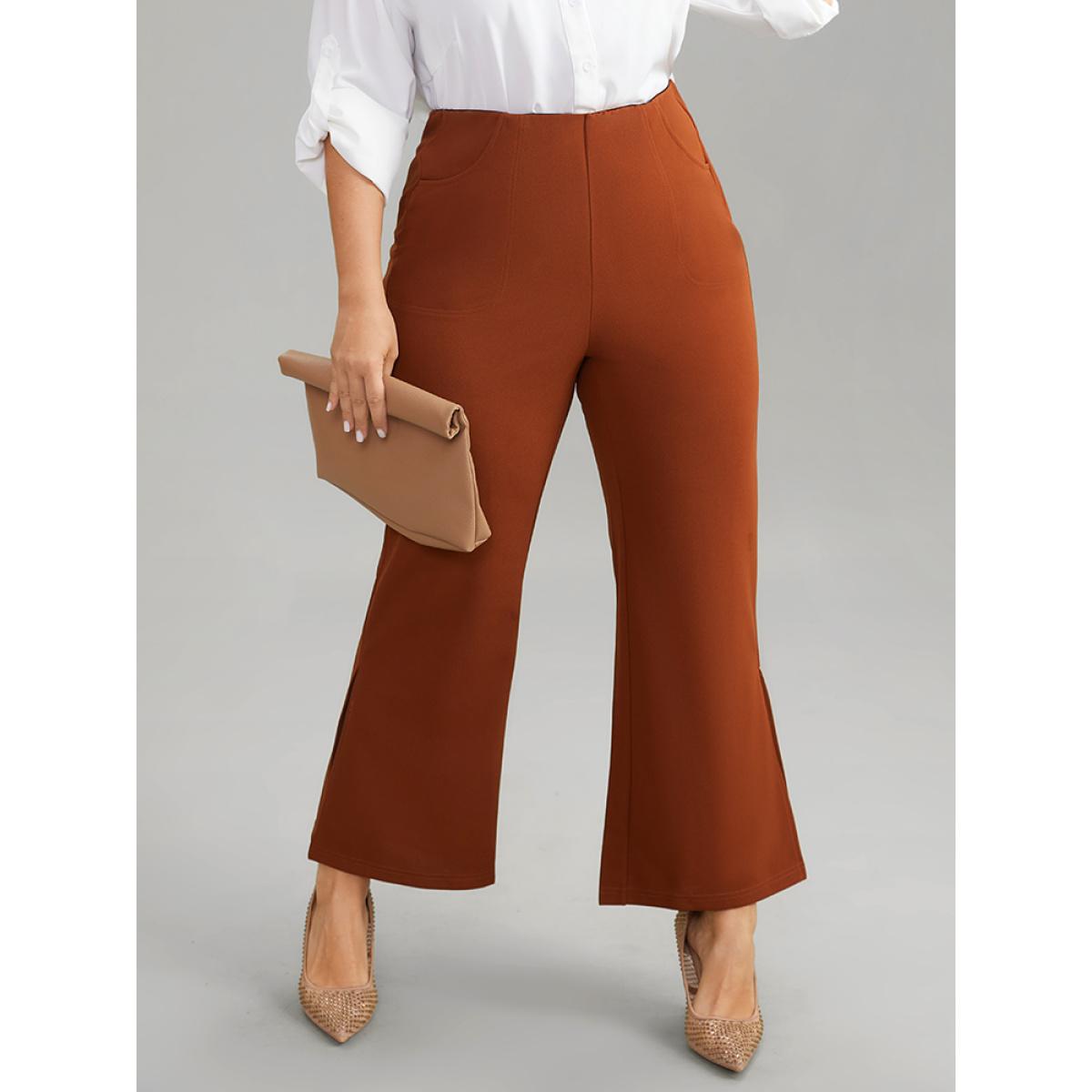 Plus Size Plain Split Side Pocket Pants Women Rust Elegant Flare Leg High Rise Dailywear Pants BloomChic 10/M Product Image