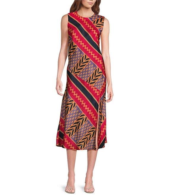 COREY LYNN CALTER Beatriz Woven Geo Ikat Print Round Neck Sleeveless Midi Shift Dress Product Image
