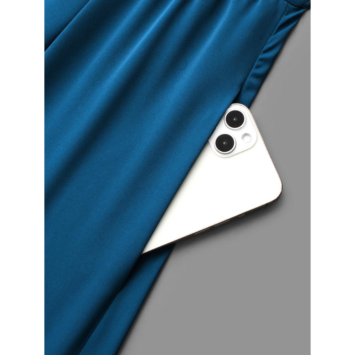 Plus Size Ruffle Cuff Elastic Waist Split Hem Dress Aegean Women At the Office Pleated Round Neck Long Sleeve Curvy BloomChic 18-20/2X Product Image