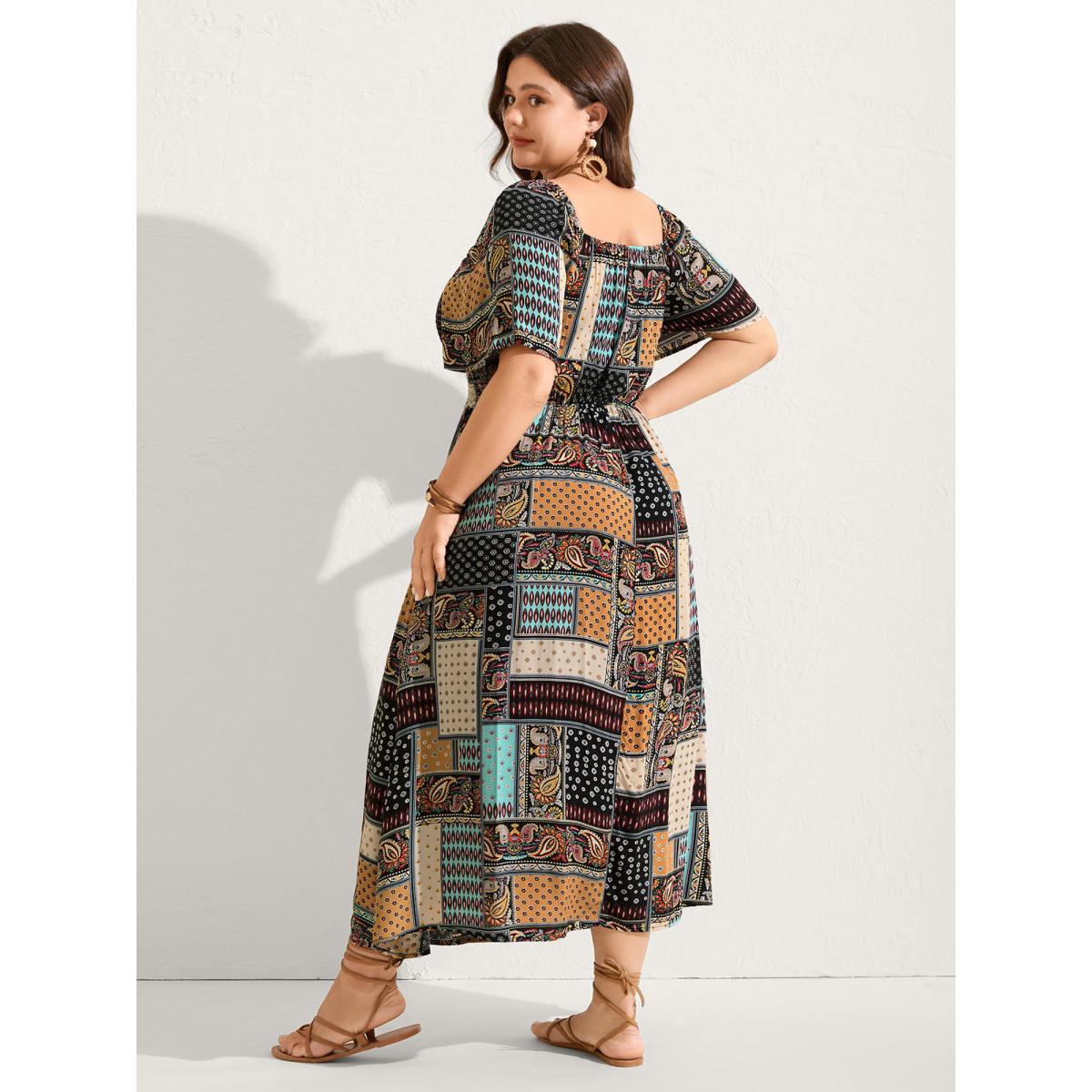 Plus Size Paisley Floral Collage Shirred Pockets Midi Dress Black Women Boho Square Neck Short sleeve Curvy BloomChic 14-16/1X Product Image