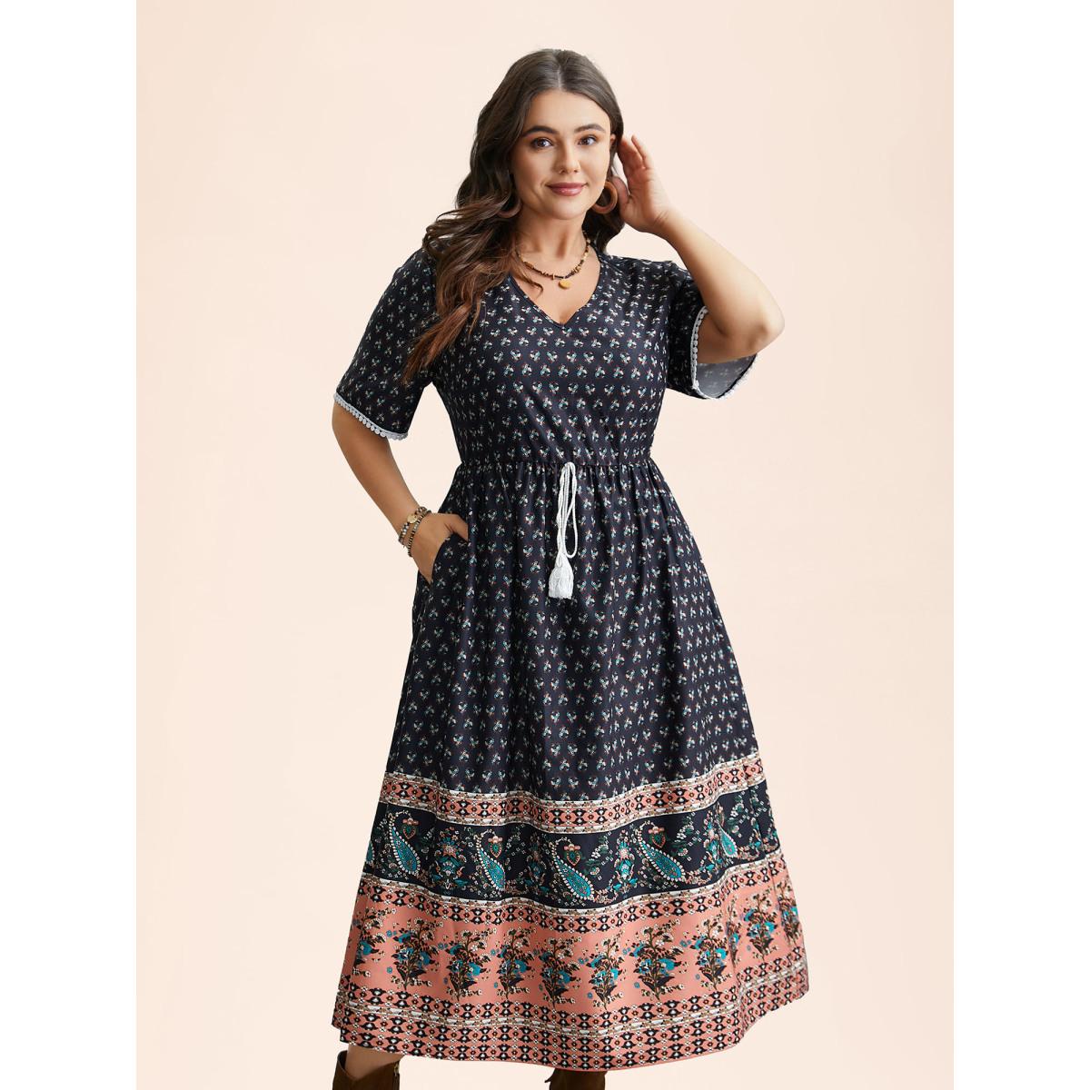 Plus Size Boho Print Tassel-Tie Pockets Midi Dress DarkBlue Women Resort Woven ribbon&lace trim V-neck Short sleeve Curvy BloomChic 18-20/2X Product Image
